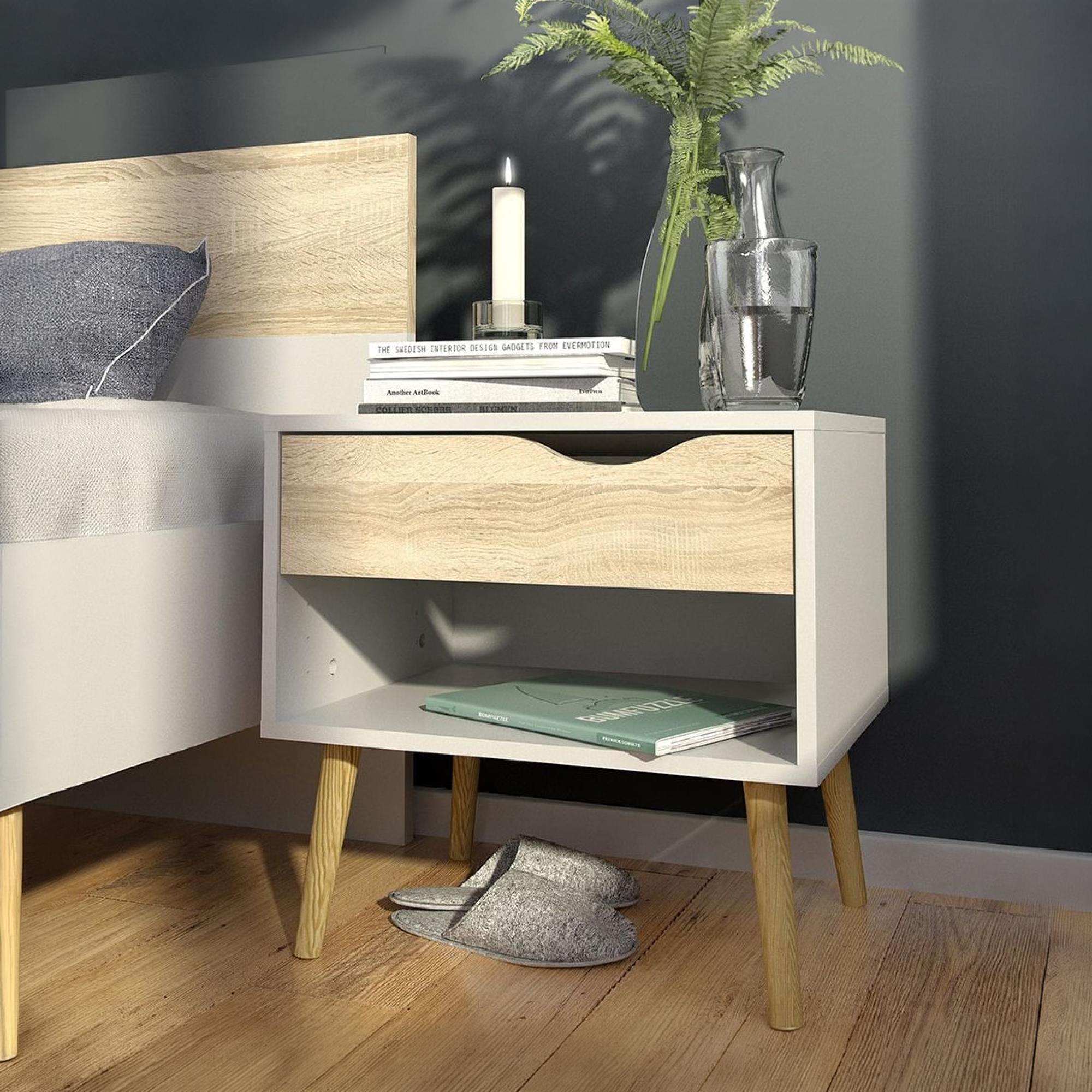 Oslo Bedside Table - 1 Drawer - White and Oak