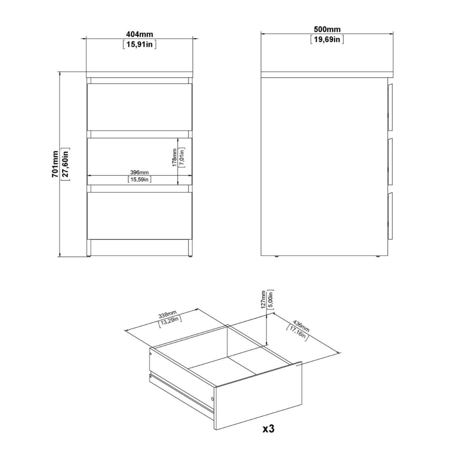 Naia Bedside Cabinet - 3 Drawer - Black