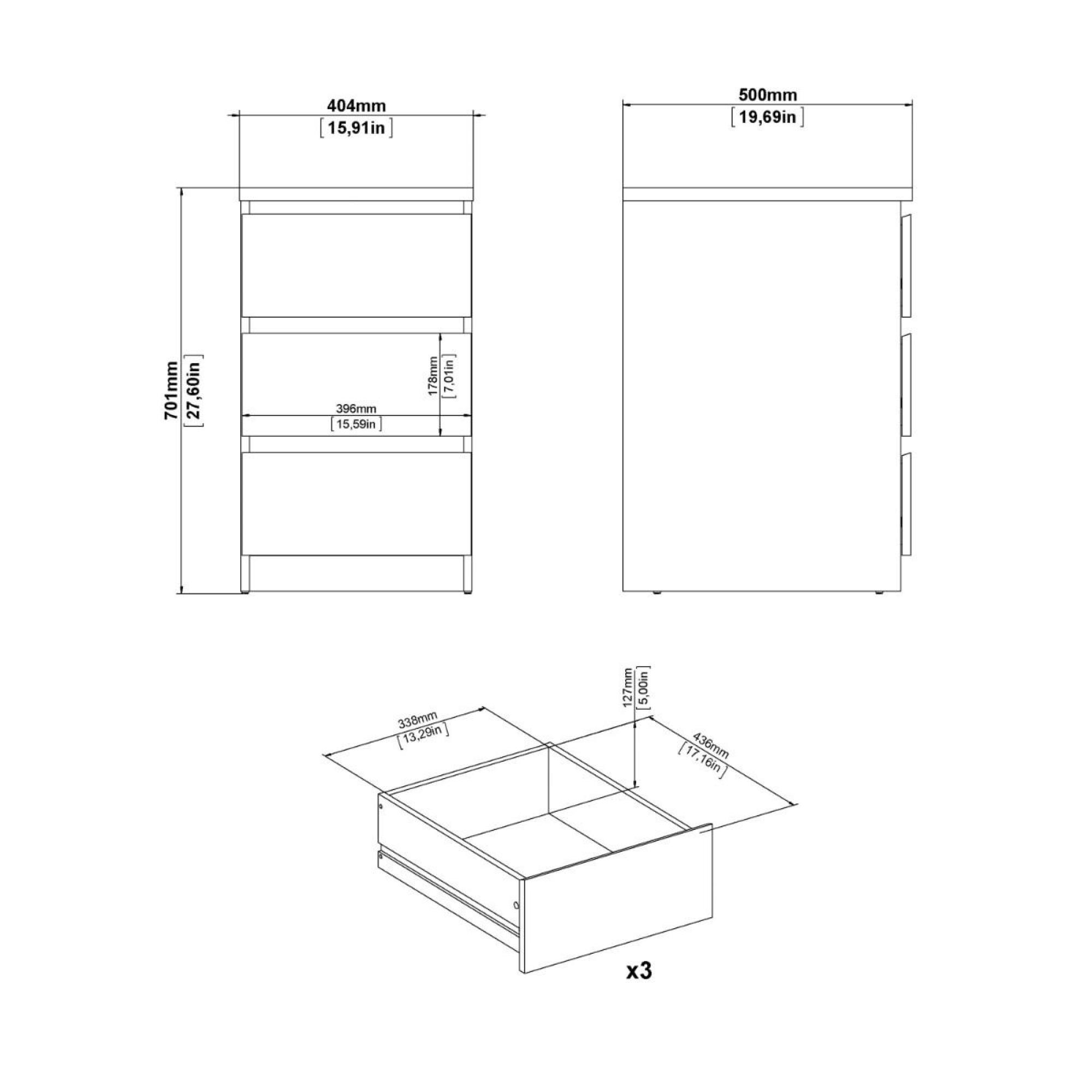 Naia Bedside Cabinet - 3 Drawer - Oak