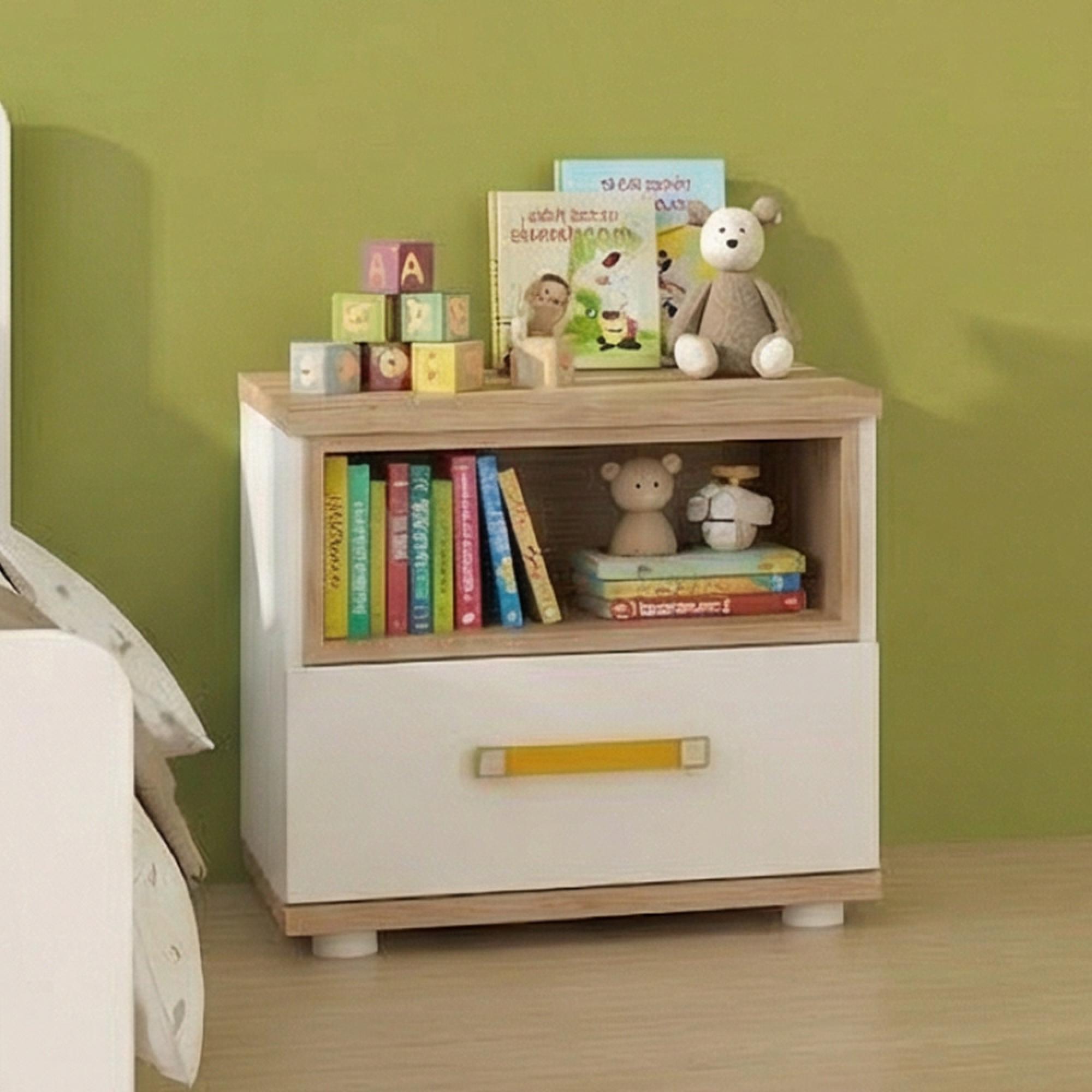 4Kids Bedside Cabinet - 1 Drawer - Orange Handle - White and Oak