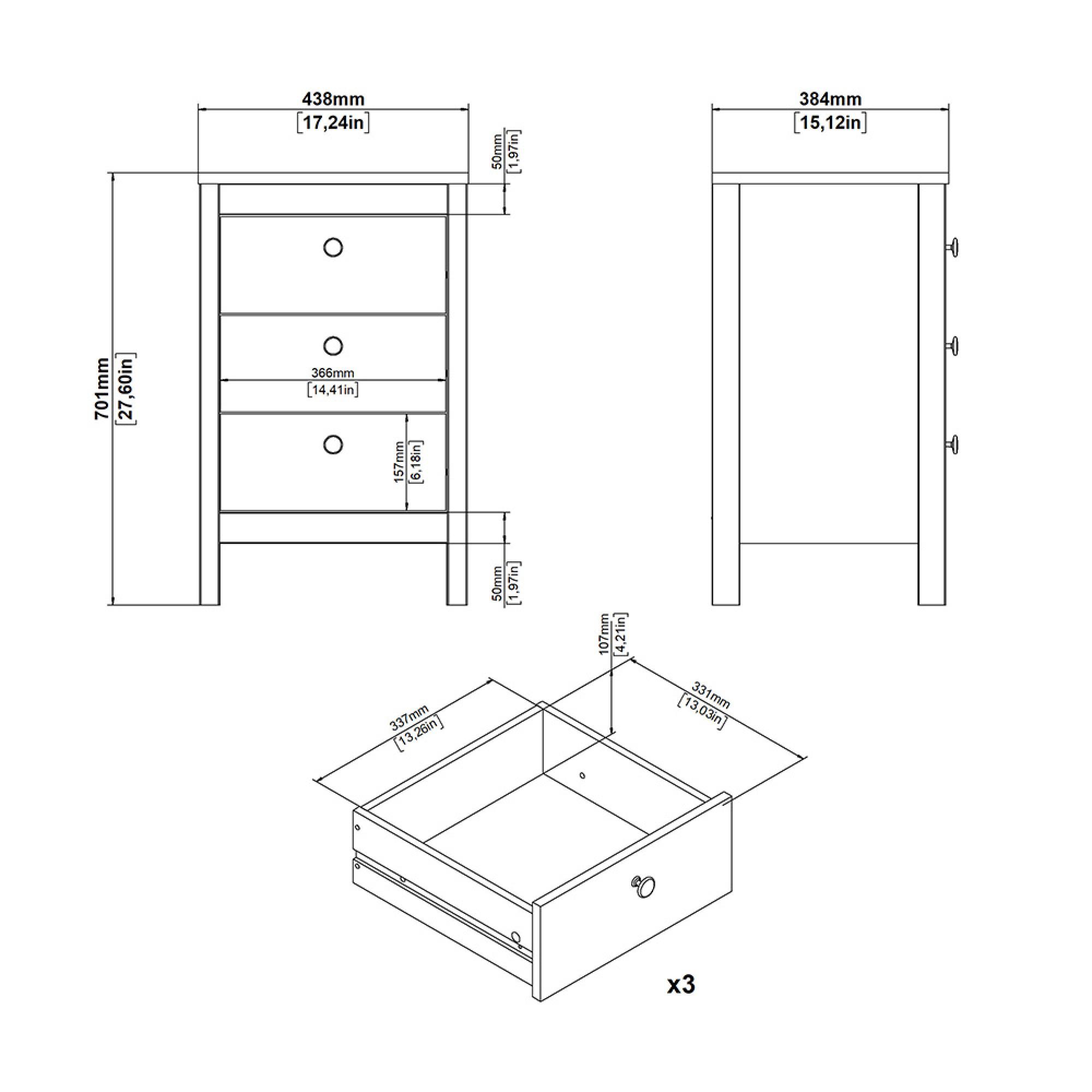 Barcelona Bedside Table - 3 Drawer - Matt Black