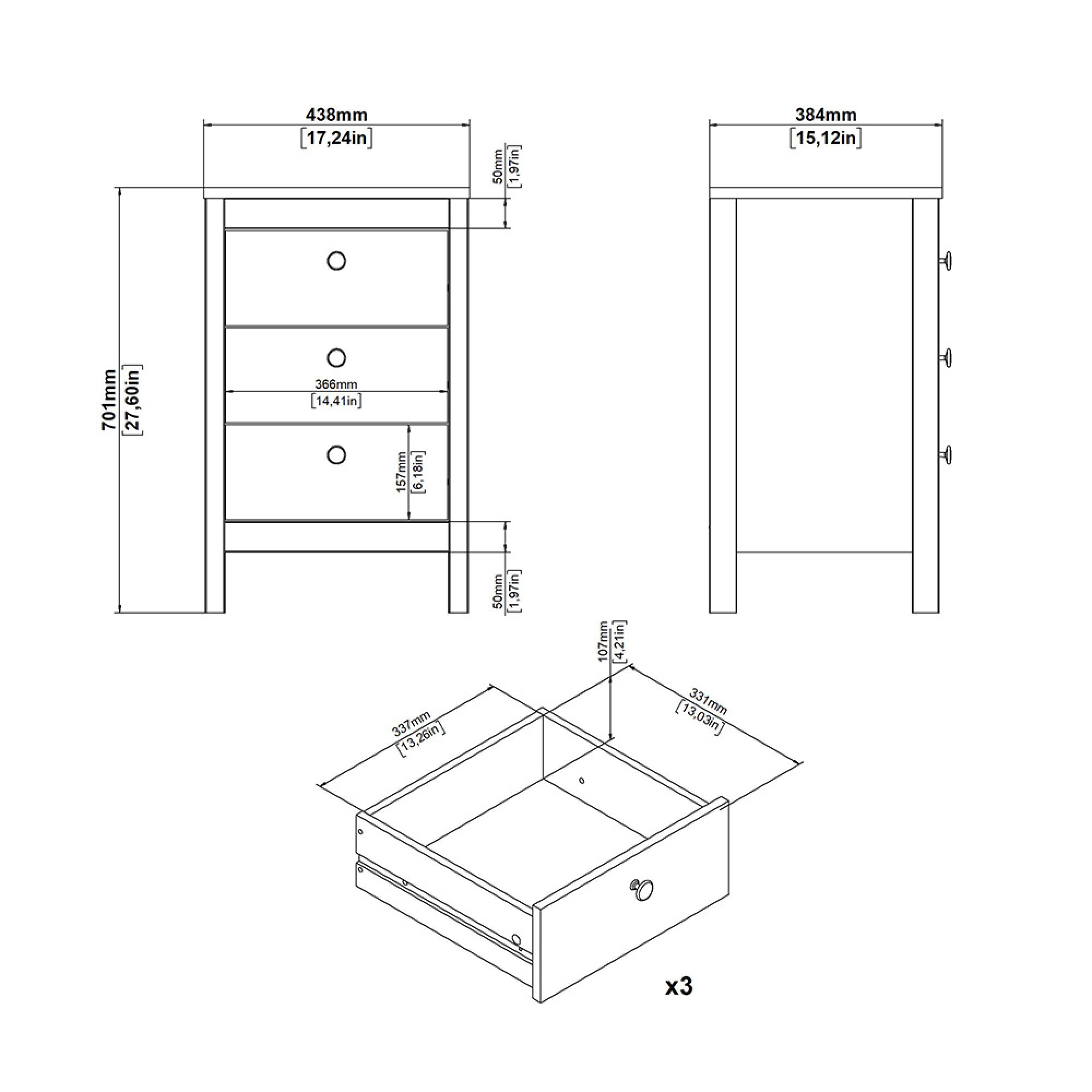 Madrid Bedside Table - 3 Drawer - Matt Black
