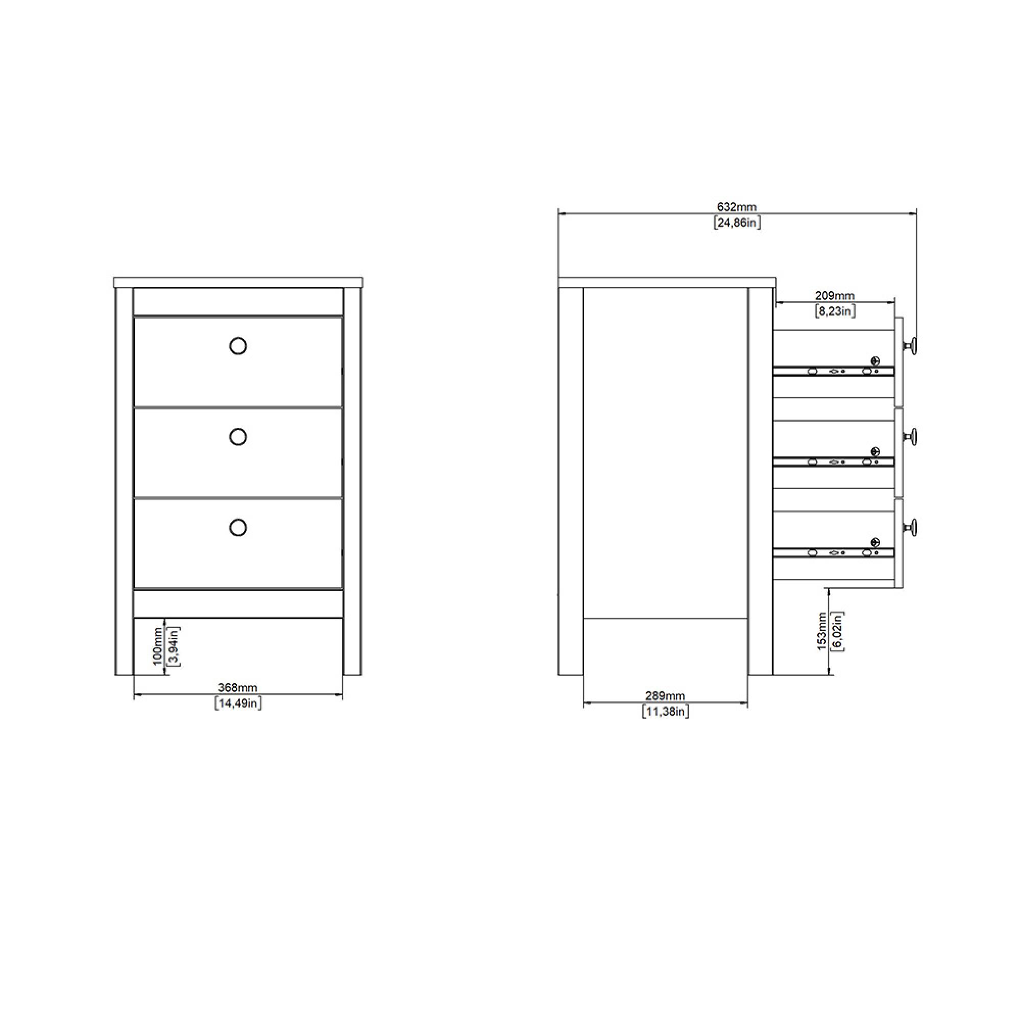 Madrid Bedside Table - 3 Drawer - Matt Black