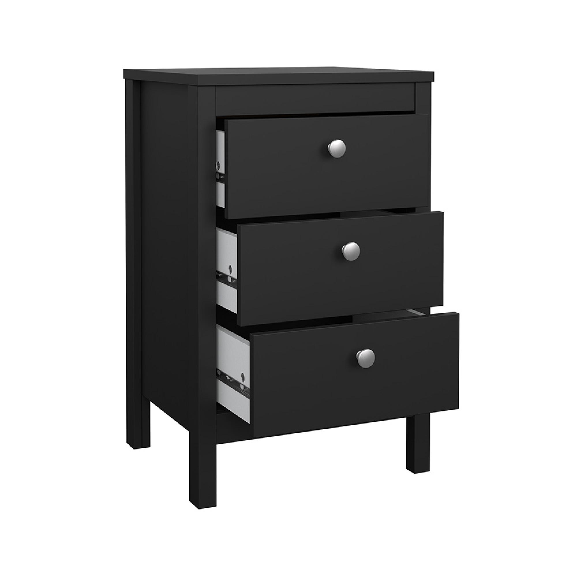 Madrid Bedside Table - 3 Drawer - Matt Black