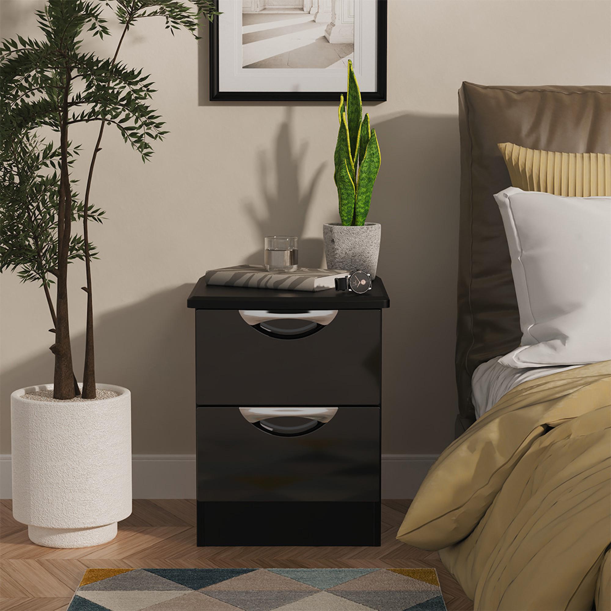 Camden Bedside Cabinet - 2 Drawer - Black Gloss