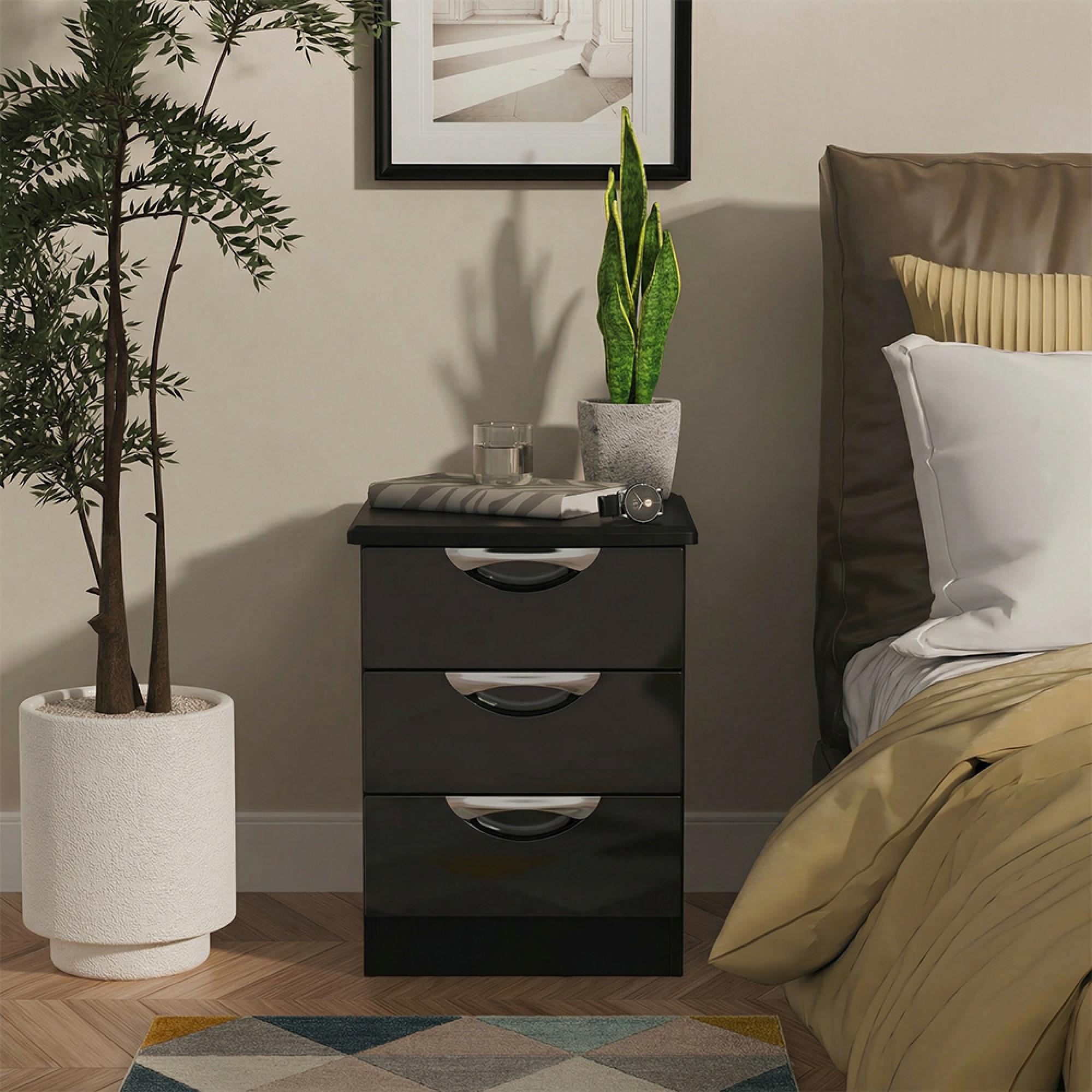 Camden Bedside Cabinet - 3 Drawer - Black Gloss