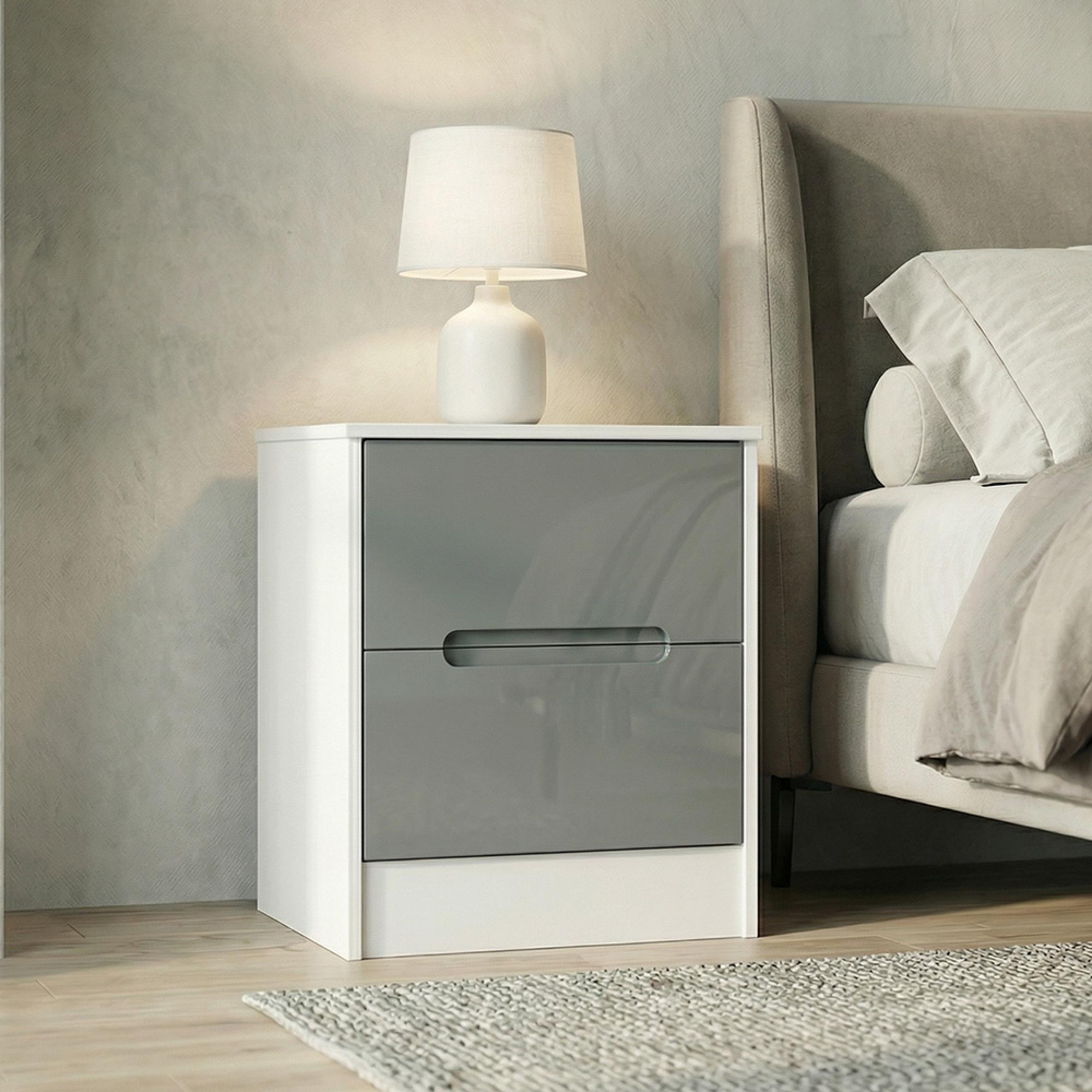Monaco Bedside Cabinet - 2 Drawer - Grey Gloss and White