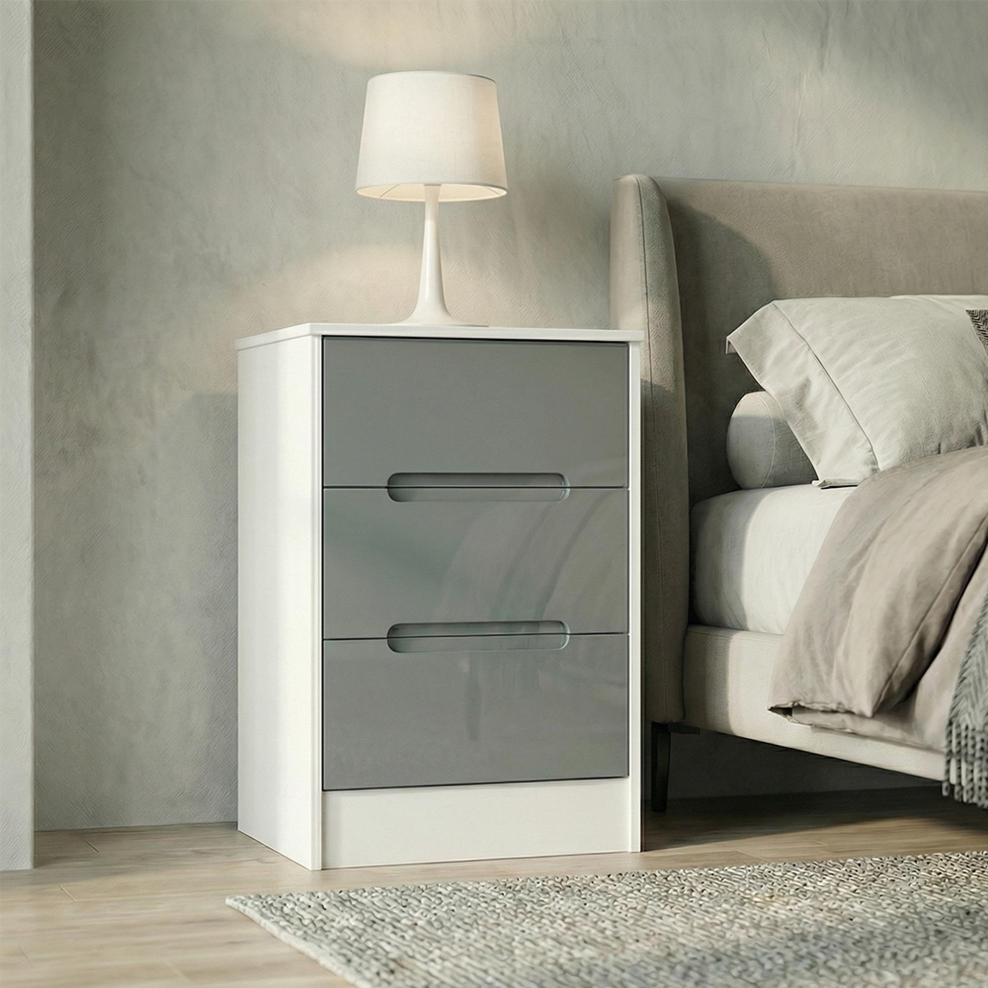 Monaco Bedside Cabinet - 3 Drawer - Grey Gloss and White