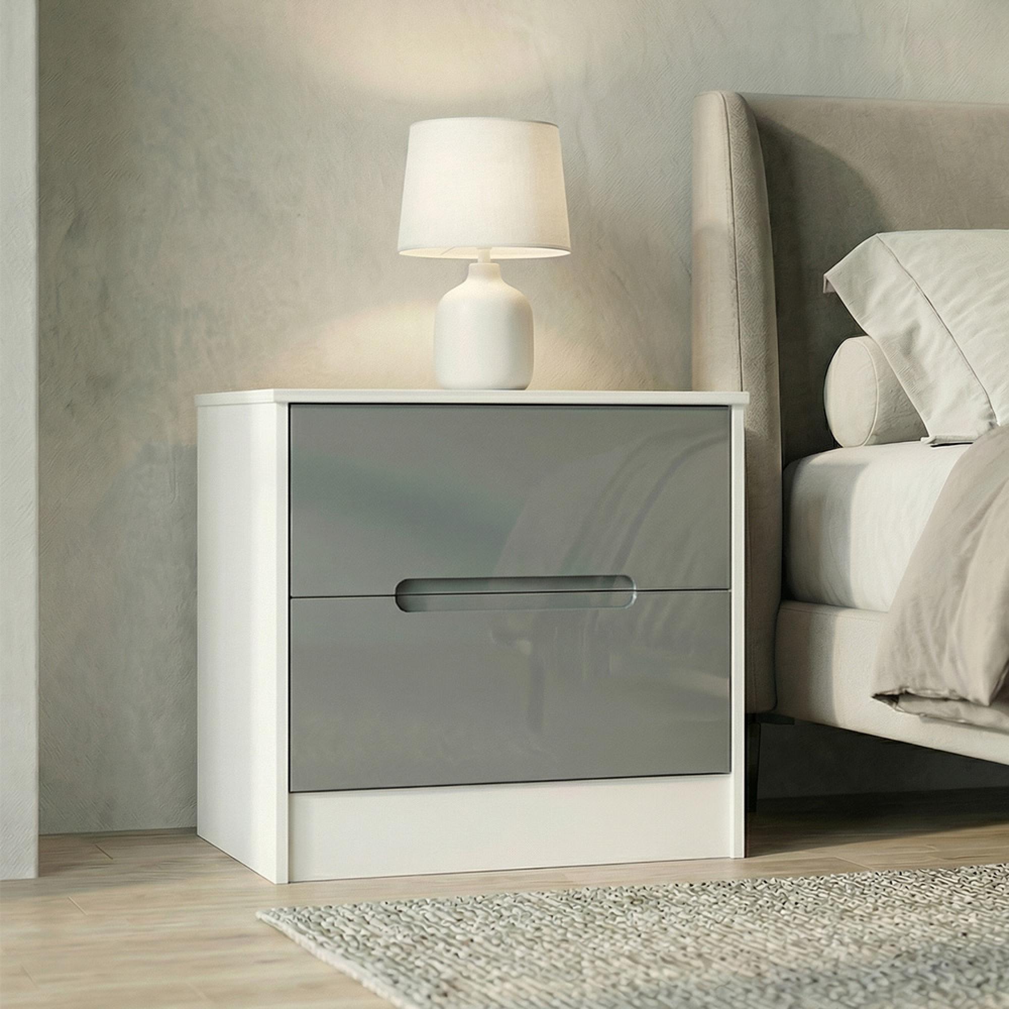 Monaco Bedside Cabinet - Wide - 2 Drawer - Grey Gloss and White