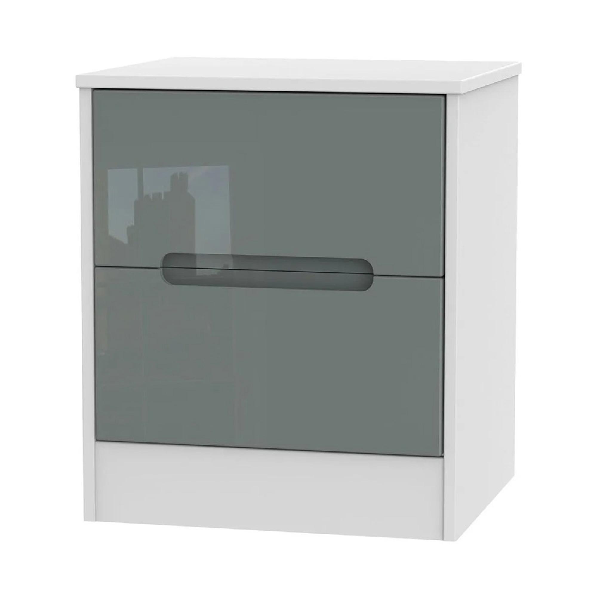 Monaco Bedside Cabinet - 2 Drawer - Grey Gloss and White
