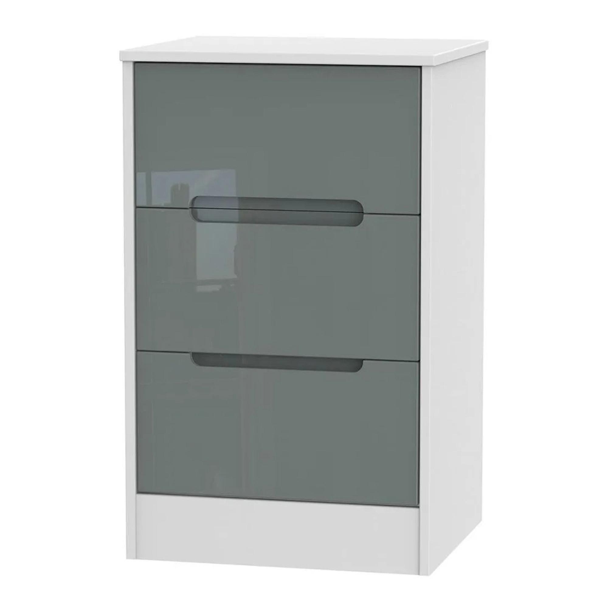 Monaco Bedside Cabinet - 3 Drawer - Grey Gloss and White