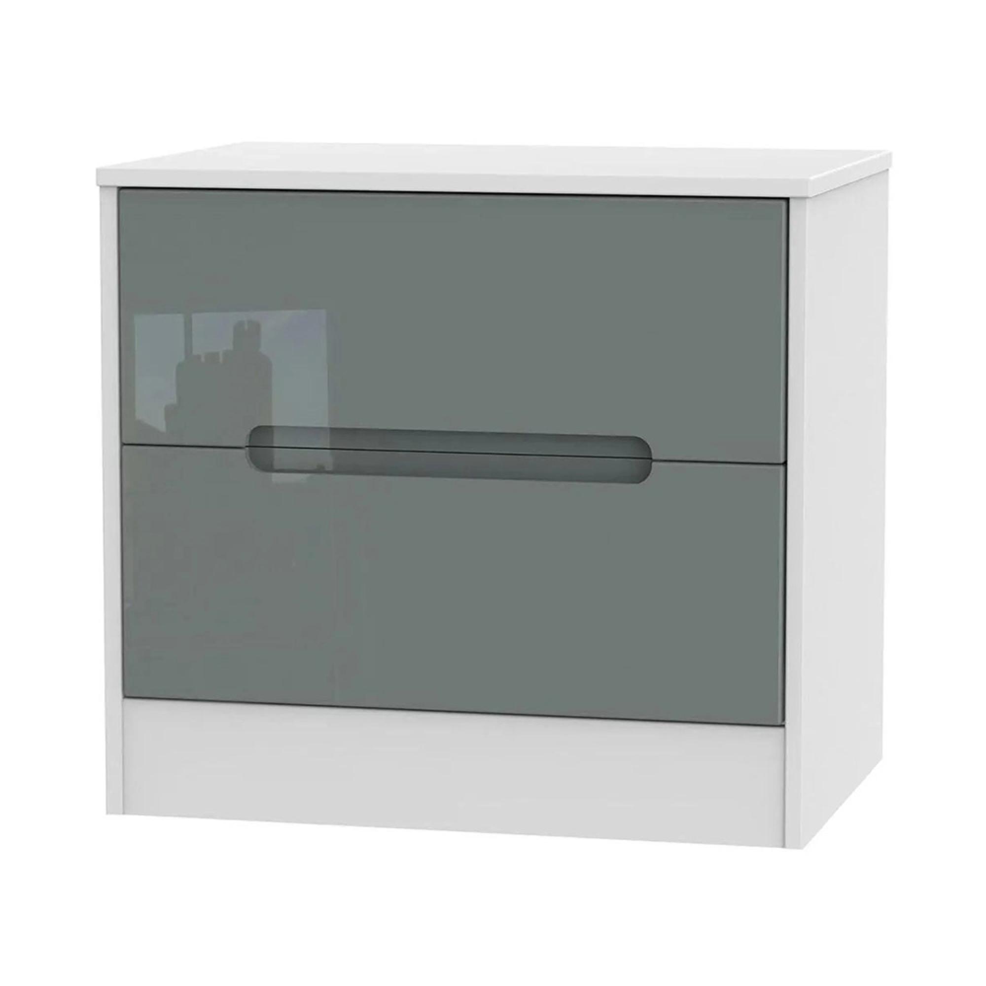 Monaco Bedside Cabinet - Wide - 2 Drawer - Grey Gloss and White