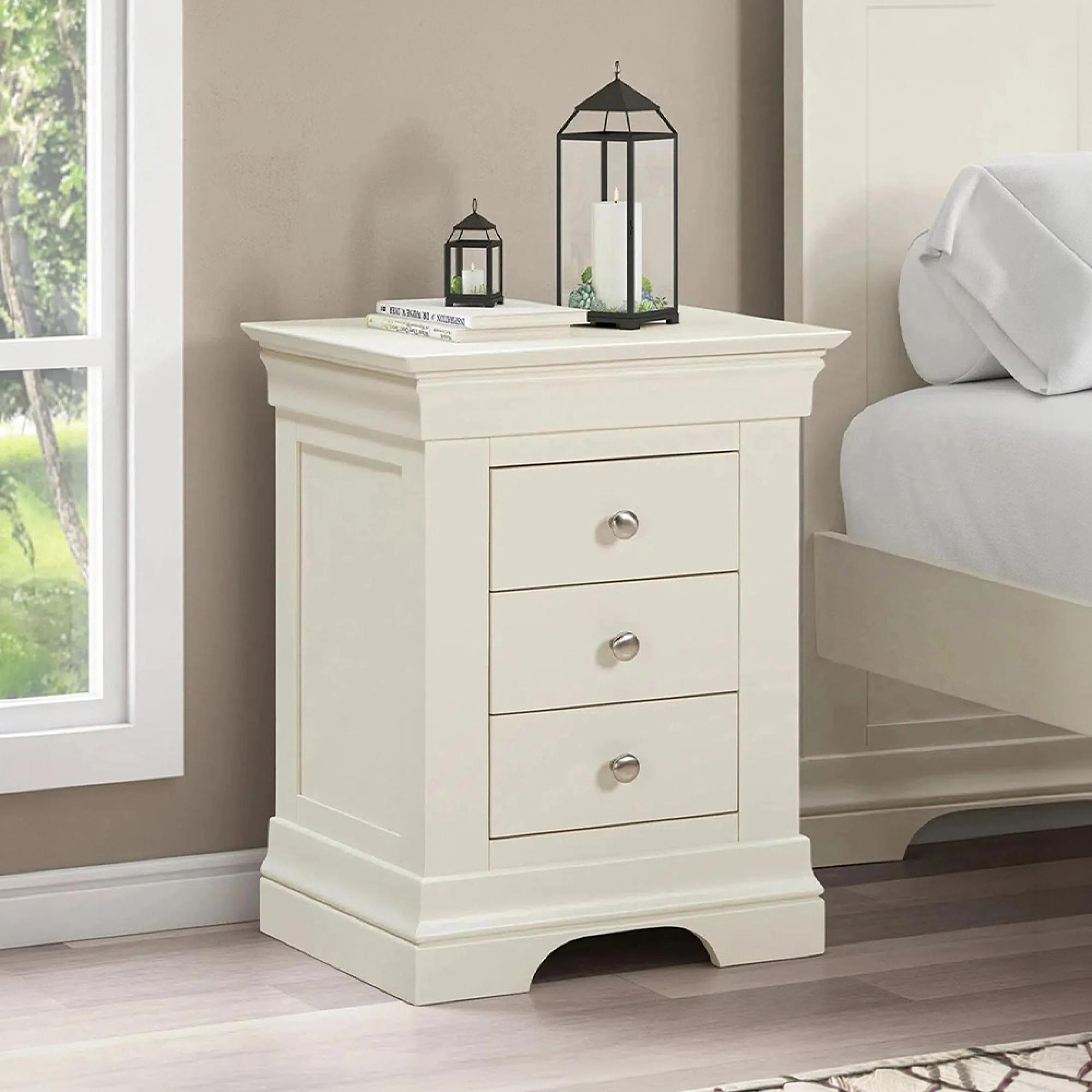 Paisley Bedside Cabinet - 3 Drawer - Cream Painted