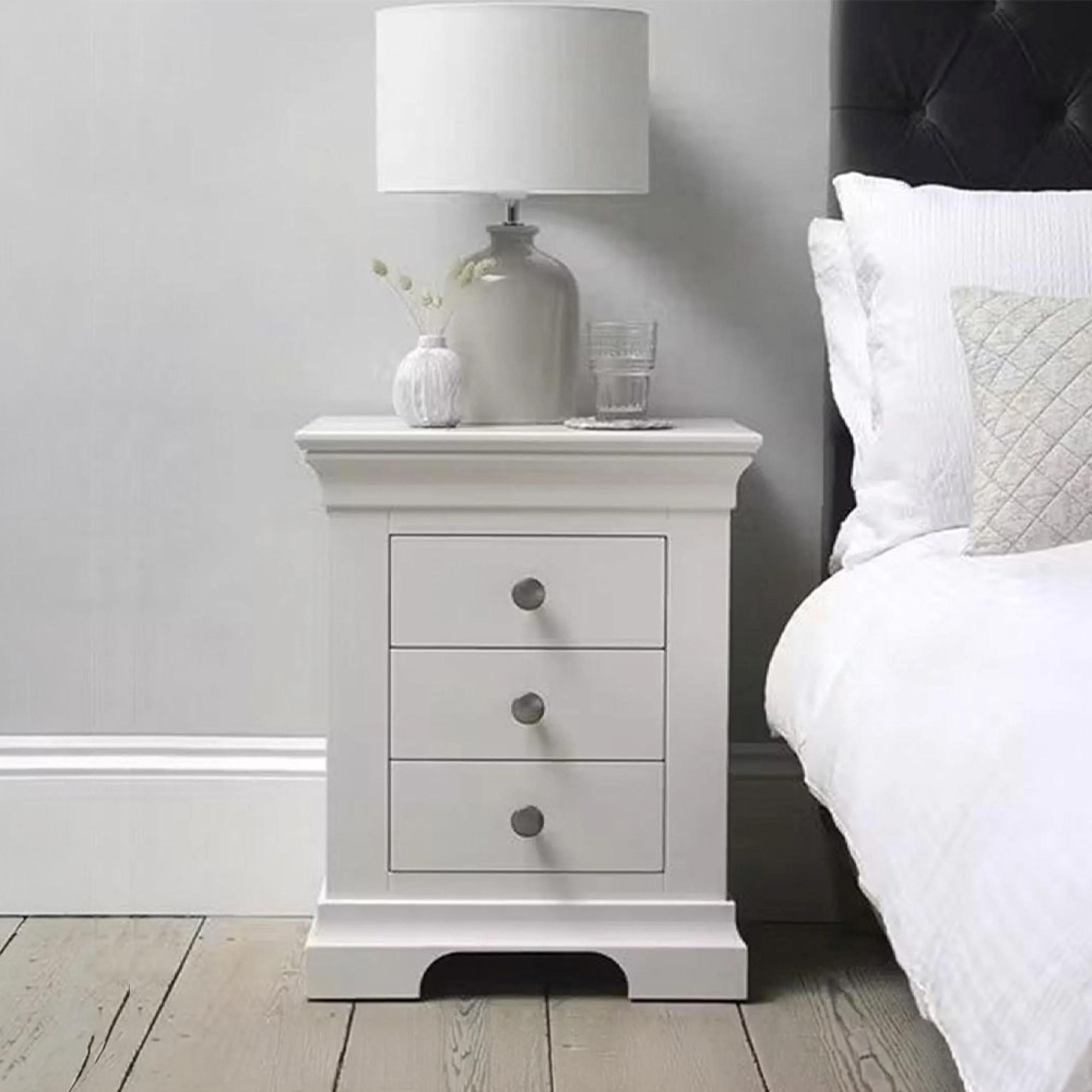 Paisley Bedside Cabinet - 3 Drawer - White Painted