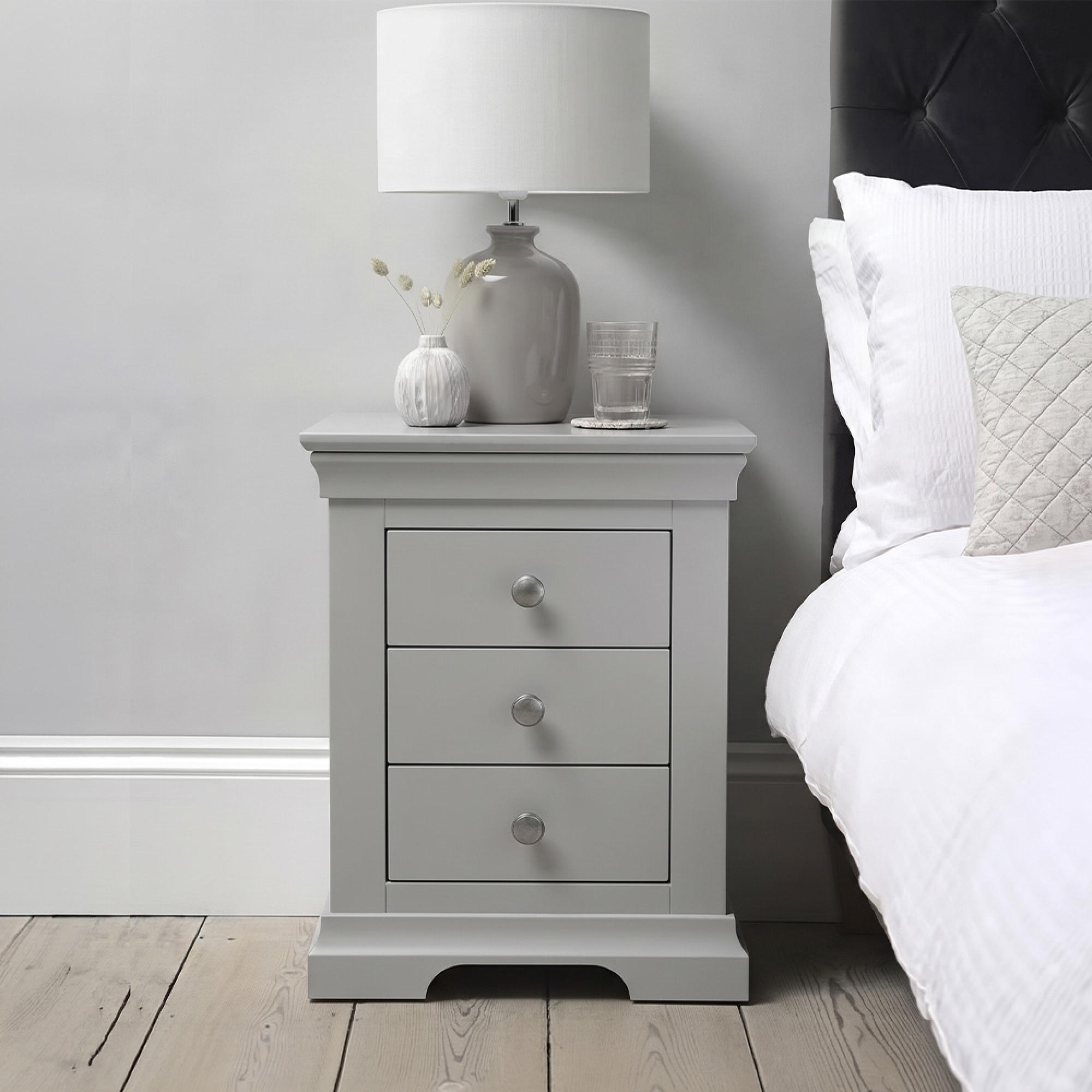 Paisley Bedside Cabinet - 3 Drawer - Grey Painted