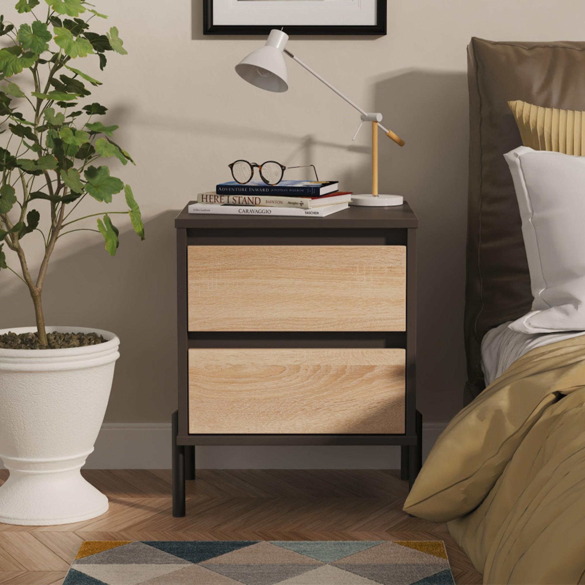 Leona Bedside Cabinet - 2 Drawer - Bardolino Oak and Graphite
