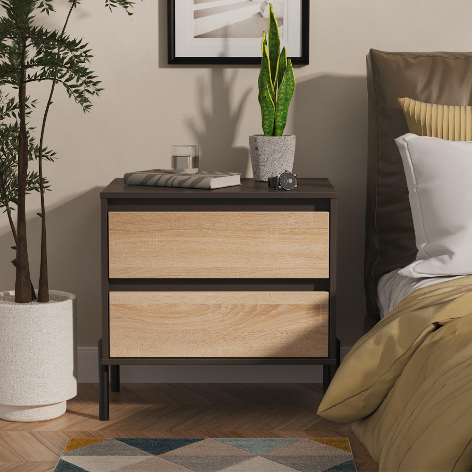 Leona Bedside Cabinet - 2 Drawer - Midi - Bardolino Oak and Graphite