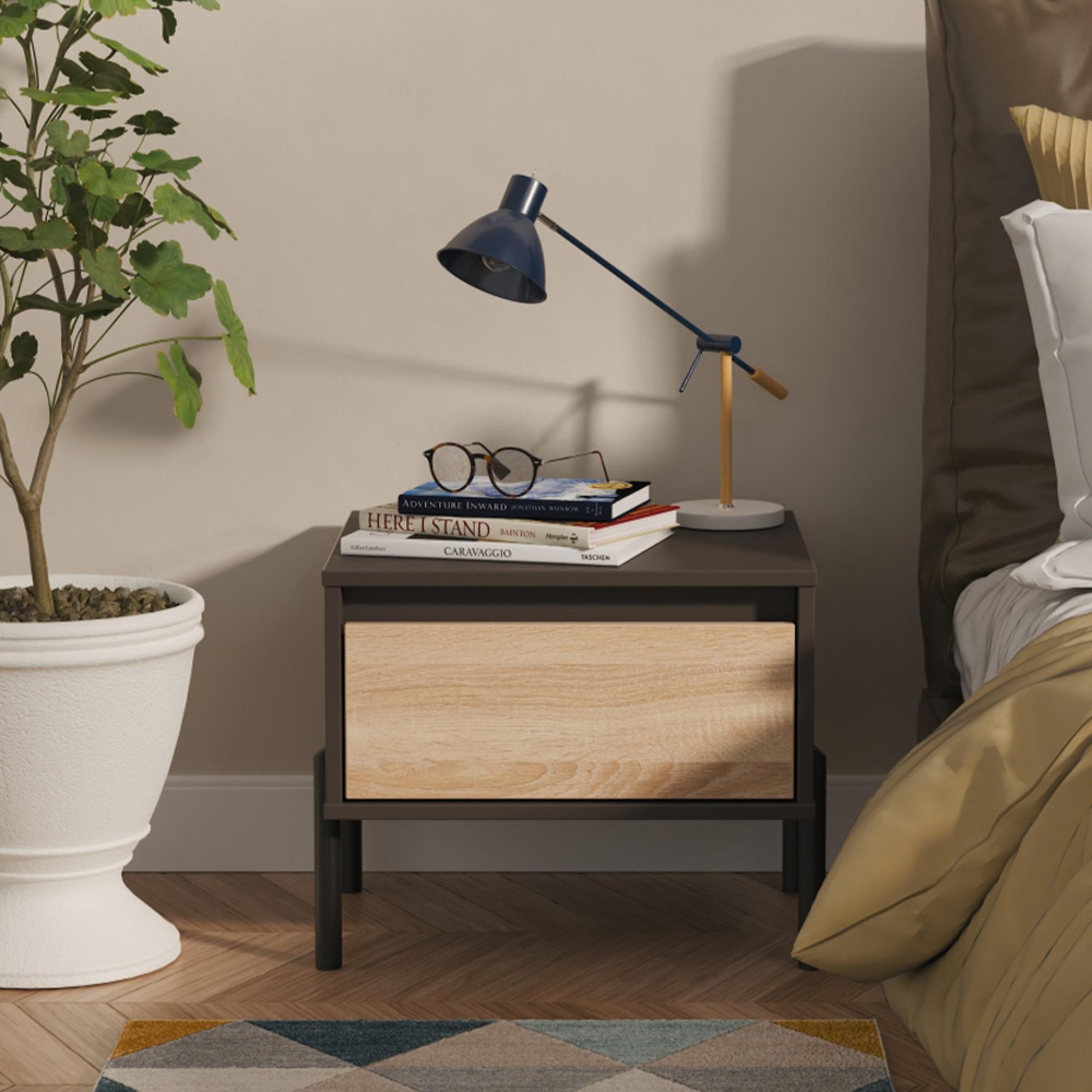 Leona Bedside Table - 1 Drawer - Bardolino Oak and Graphite