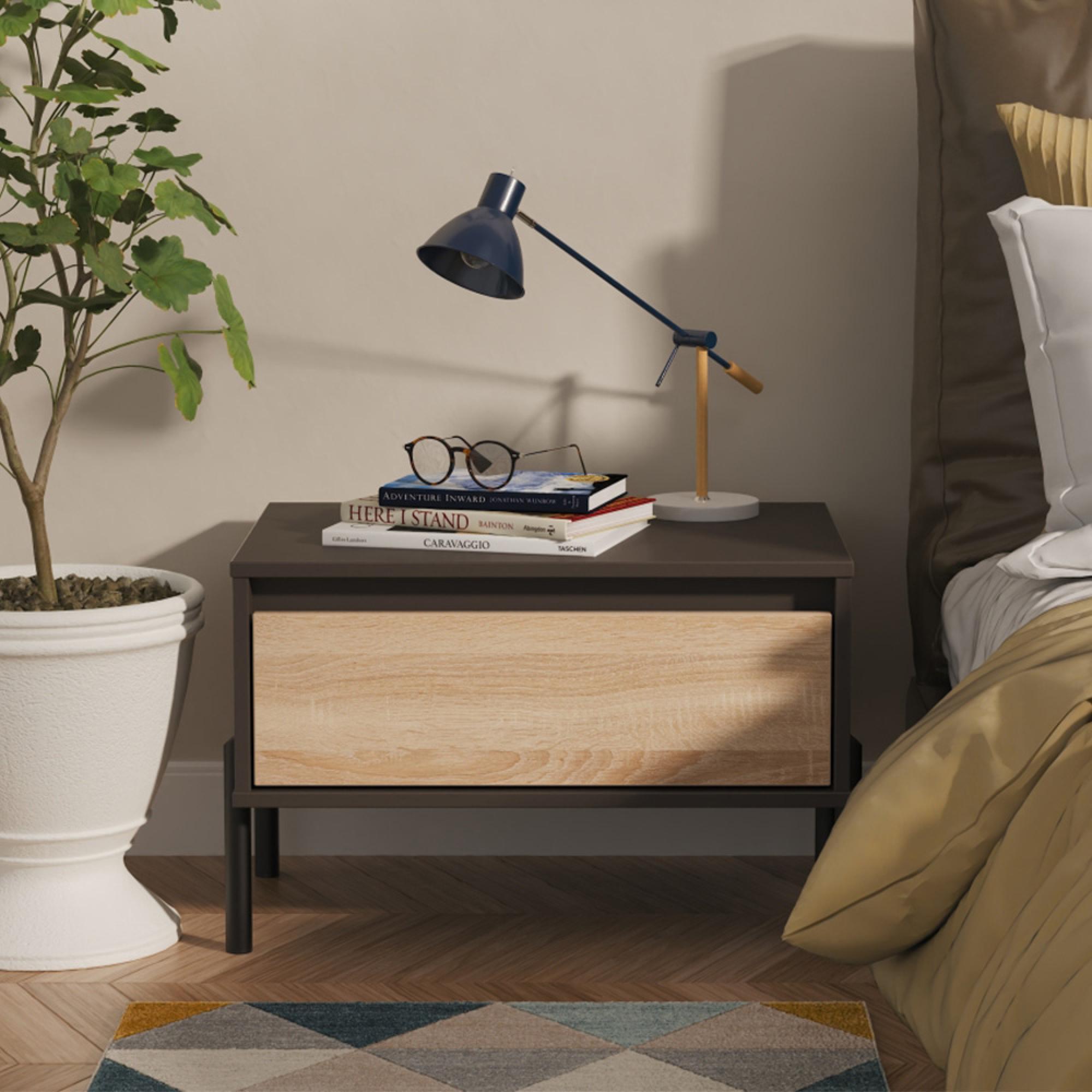 Leona Bedside Table - 1 Drawer - Midi - Bardolino Oak and Graphite