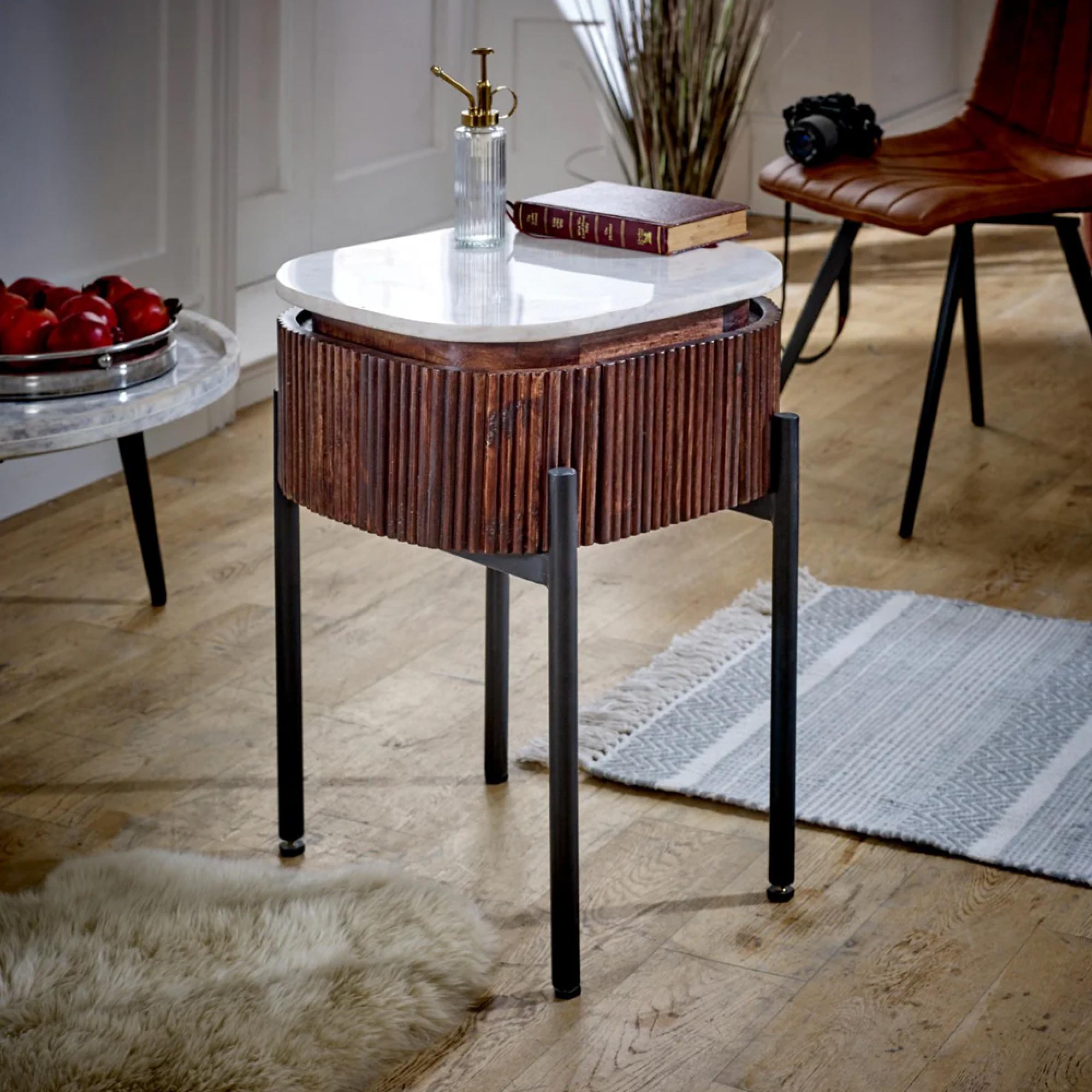 Opal Fluted Bedside Table - 1 Drawer - White Marble Top - Mango Wood