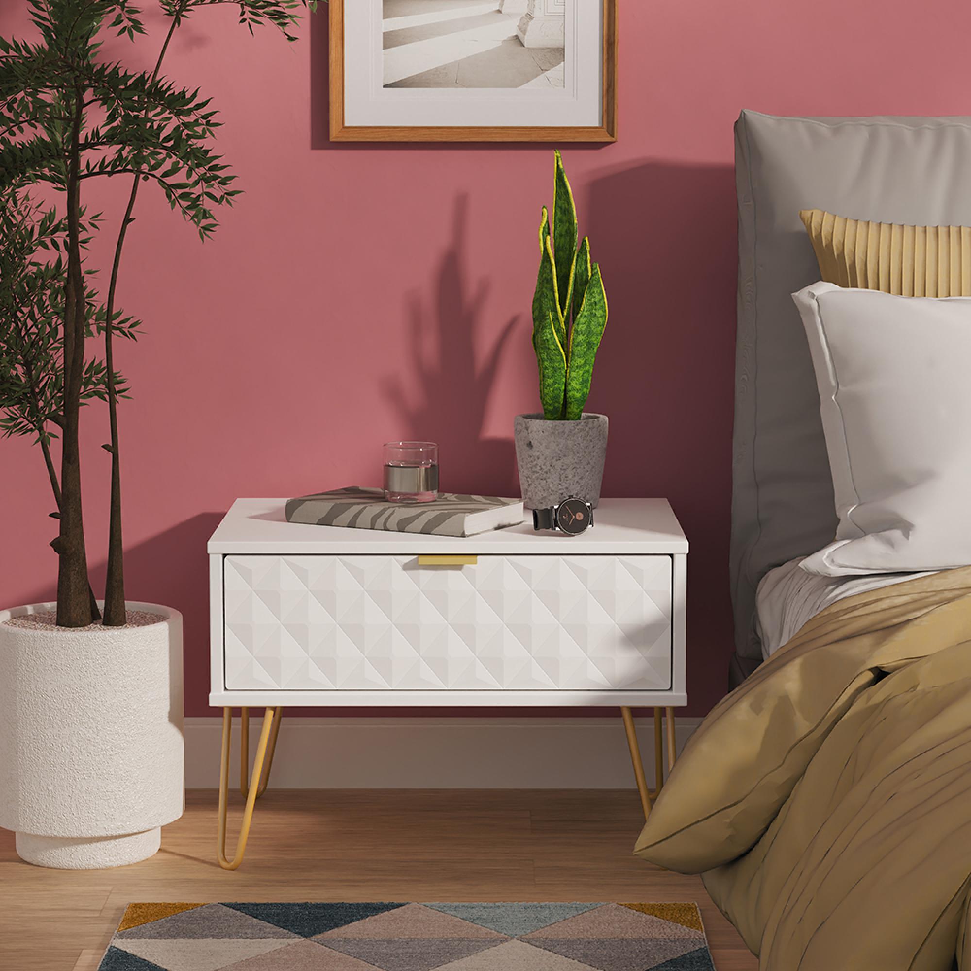 Harlequin Bedside Cabinet - 1 Drawer - Midi - with Hairpin Legs - White Matt