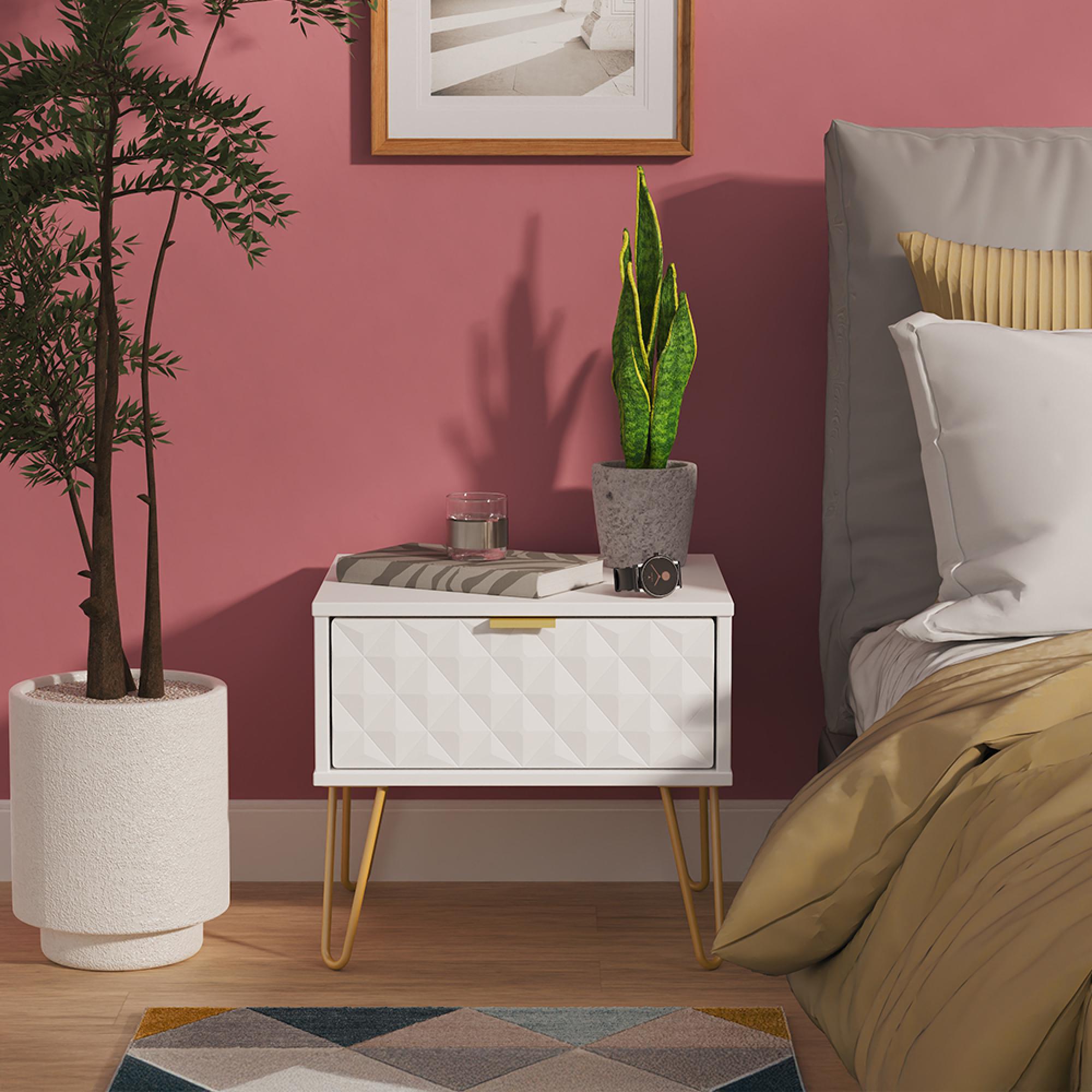 Harlequin Bedside Cabinet - 1 Drawer - with Hairpin Legs - White Matt
