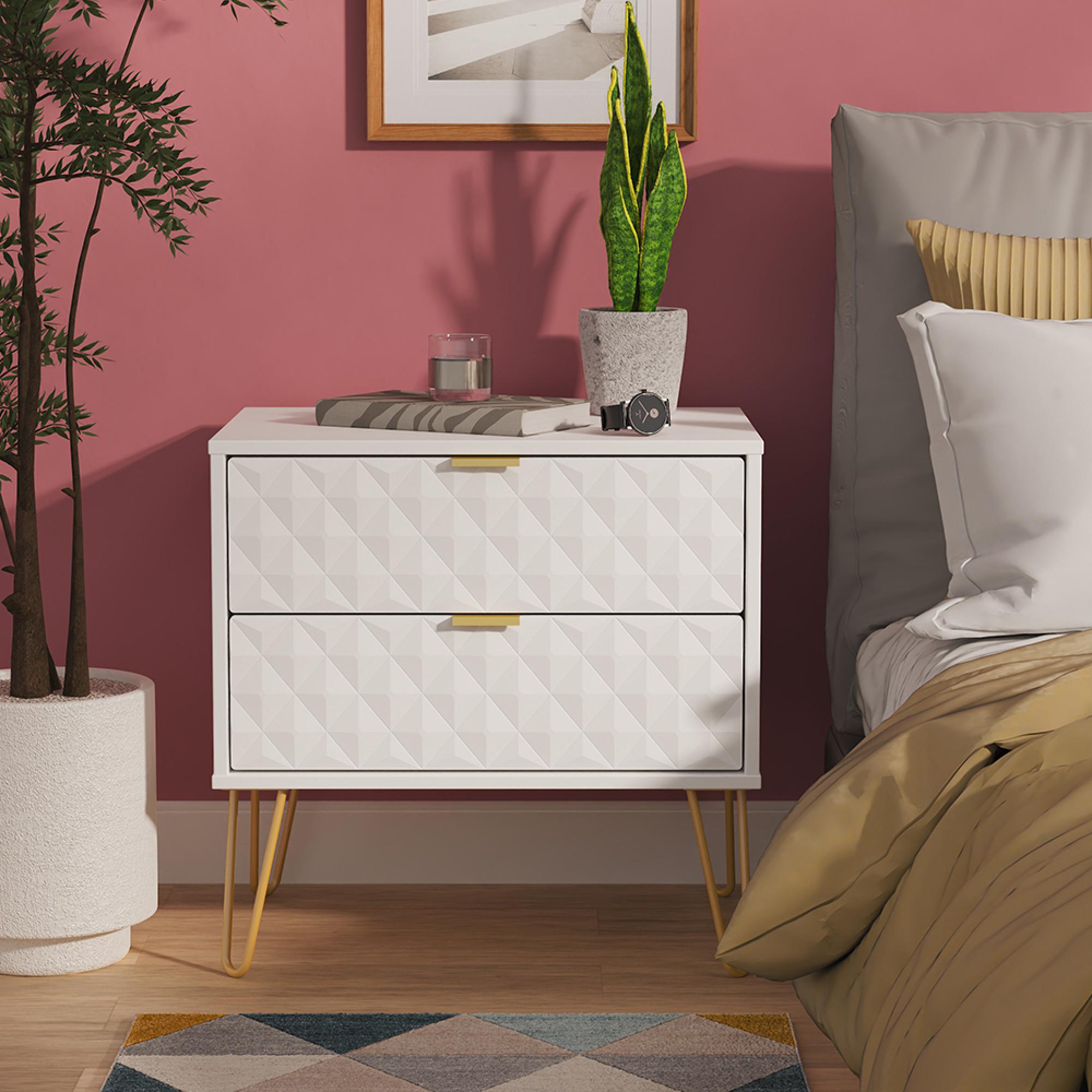 Harlequin Bedside Cabinet - 2 Drawer - Midi - with Hairpin Legs - White Matt