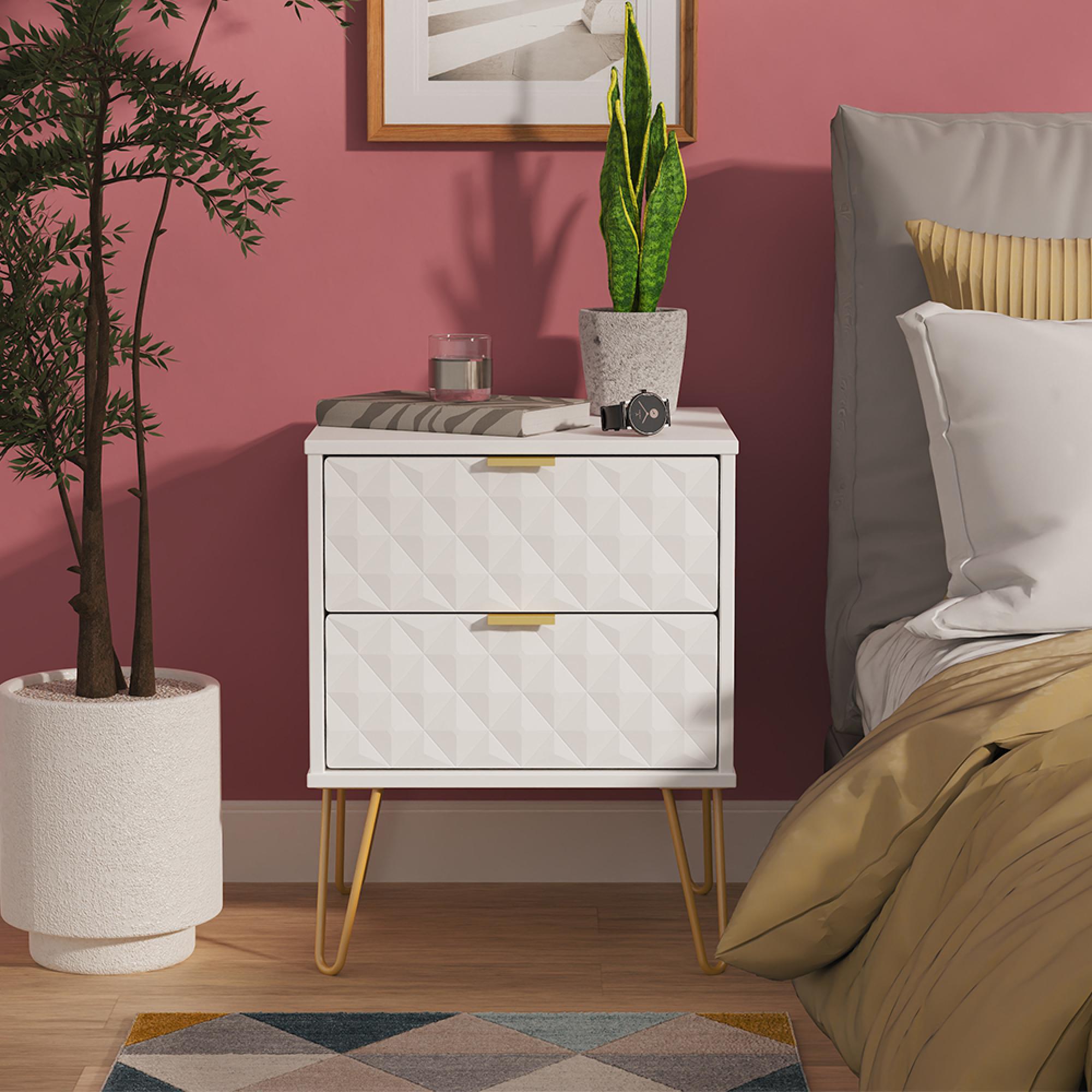 Harlequin Bedside Cabinet - 2 Drawer - with Hairpin Legs - White Matt