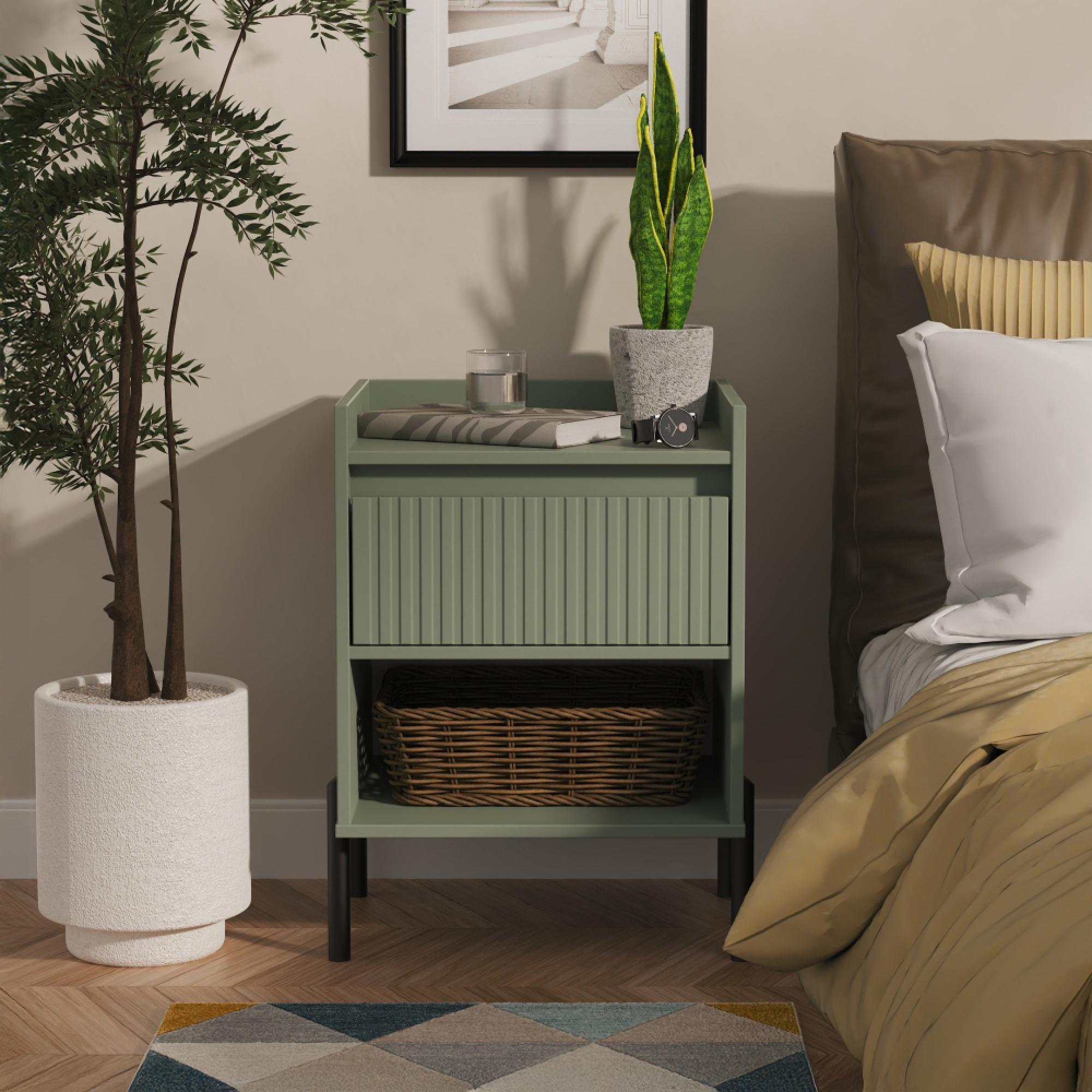 Osaka Bedside Cabinet - 1 Drawer - Reed Green Fluted