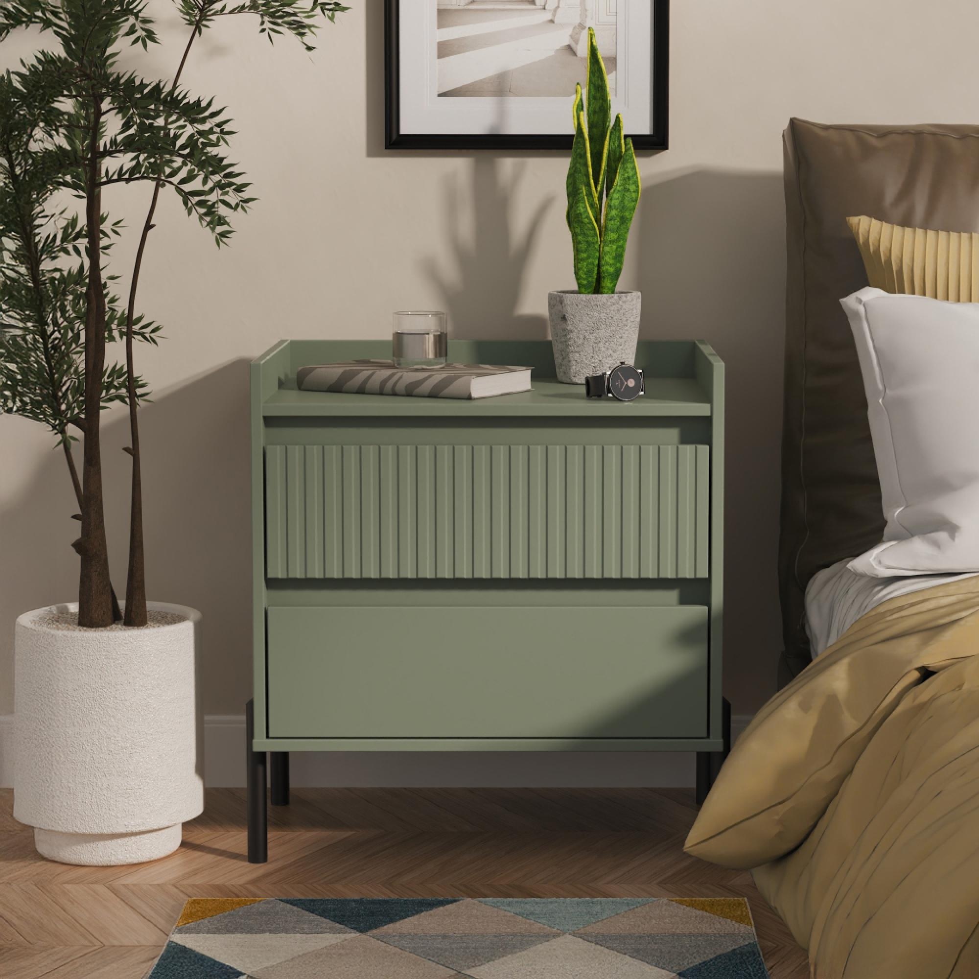 Osaka Bedside Cabinet - 2 Drawer - Midi - Reed Green Fluted