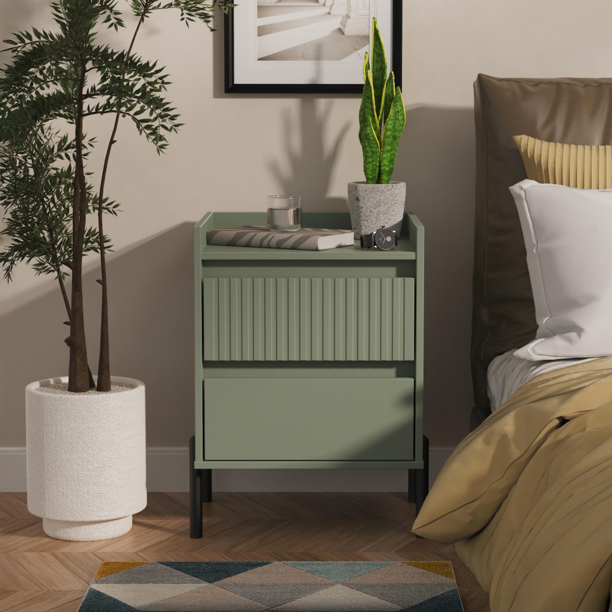 Osaka Bedside Cabinet - 2 Drawer - Reed Green Fluted