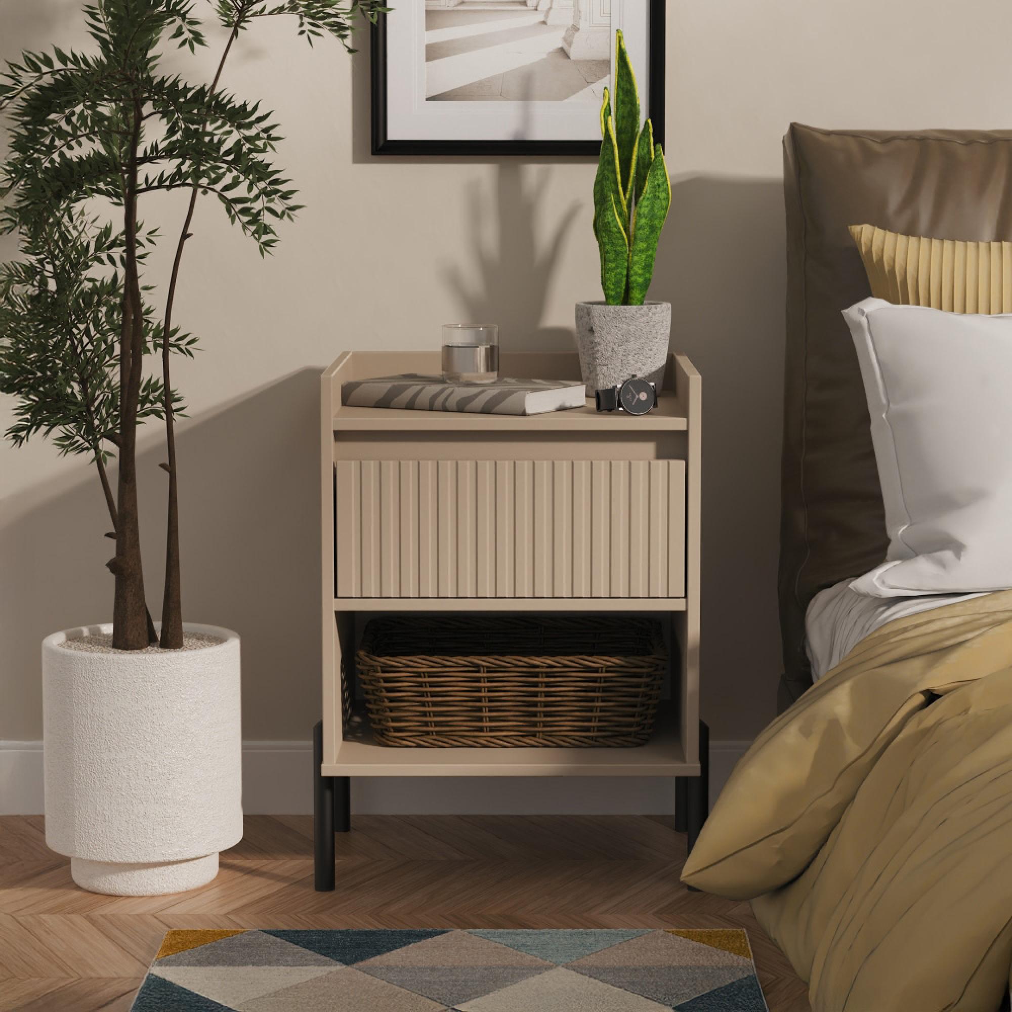 Osaka Bedside Cabinet - 1 Drawer - Mushroom Matt Fluted