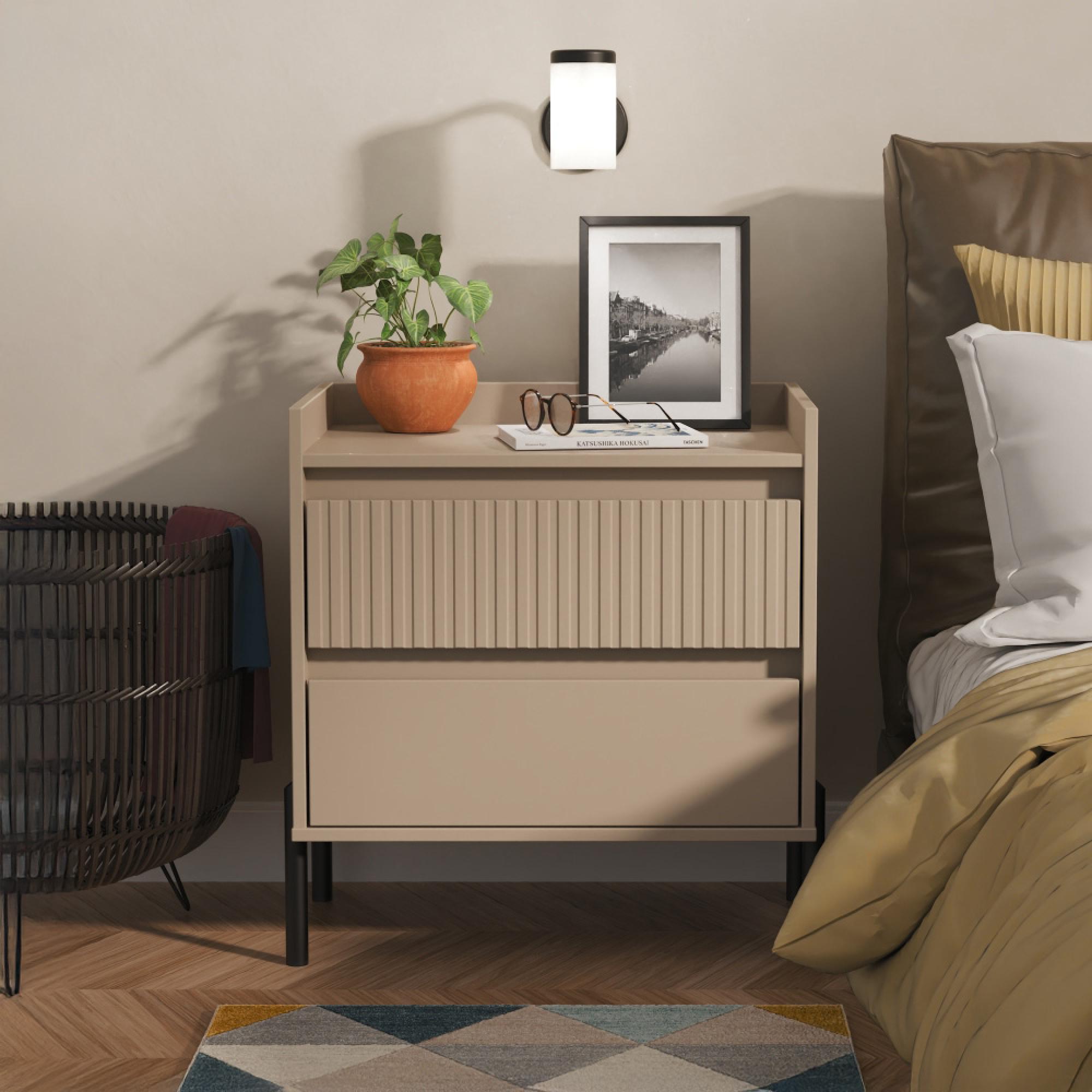 Osaka Bedside Cabinet - 2 Drawer - Midi - Mushroom Matt Fluted