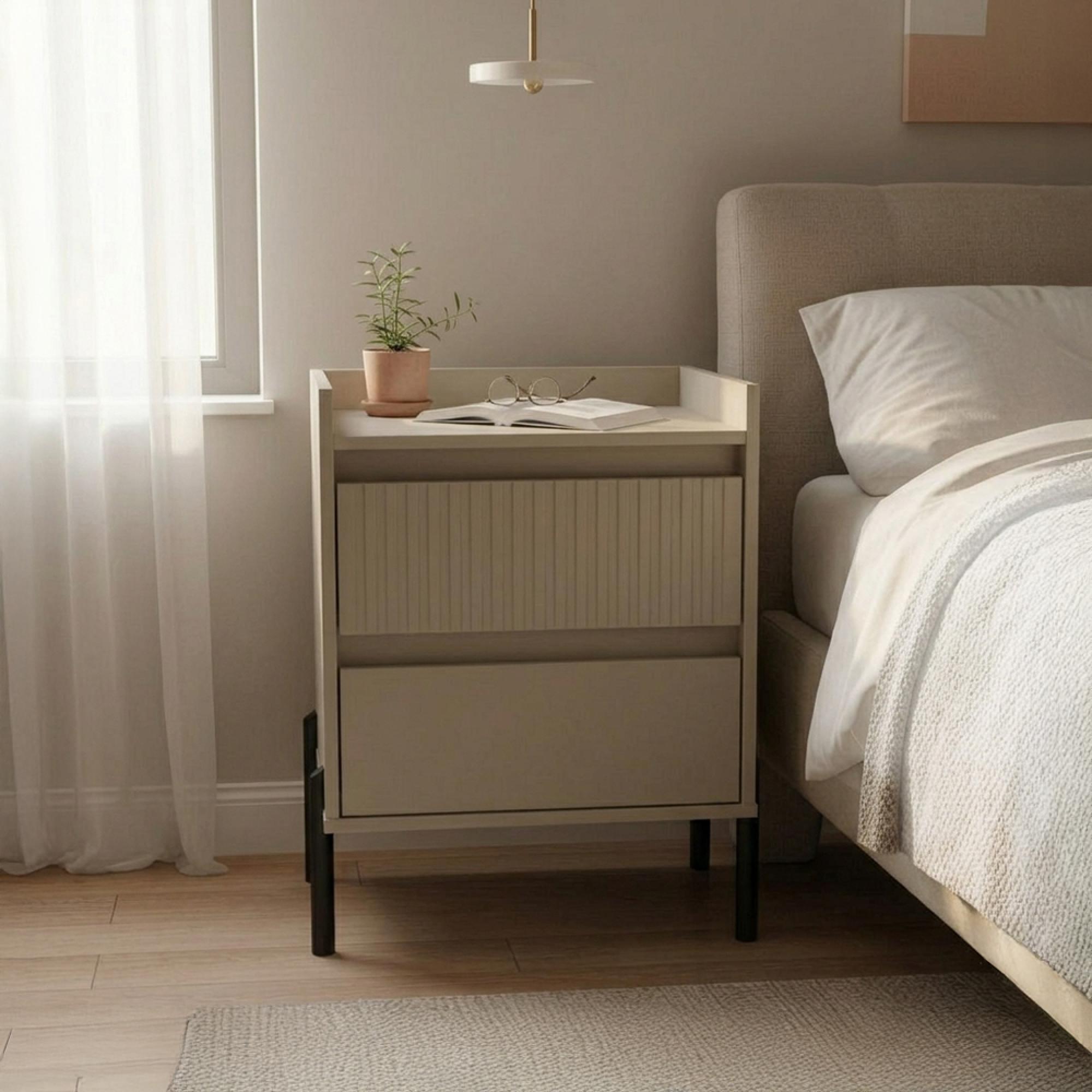 Osaka Bedside Cabinet - 2 Drawer - Mushroom Matt Fluted
