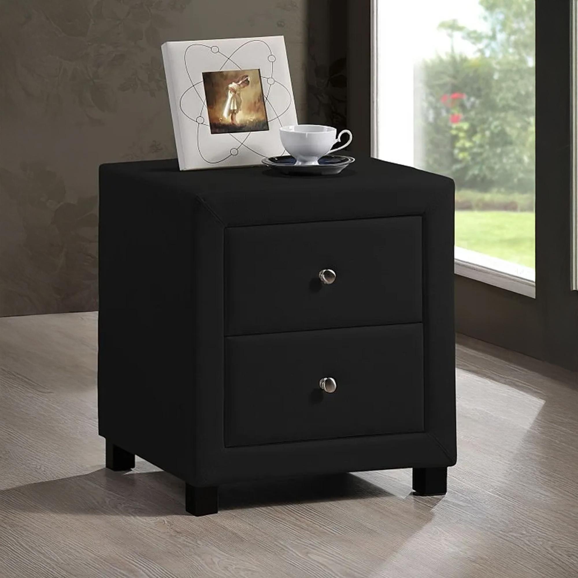 Chelsea Bedside Cabinet - 2 Drawer - Black Faux Leather