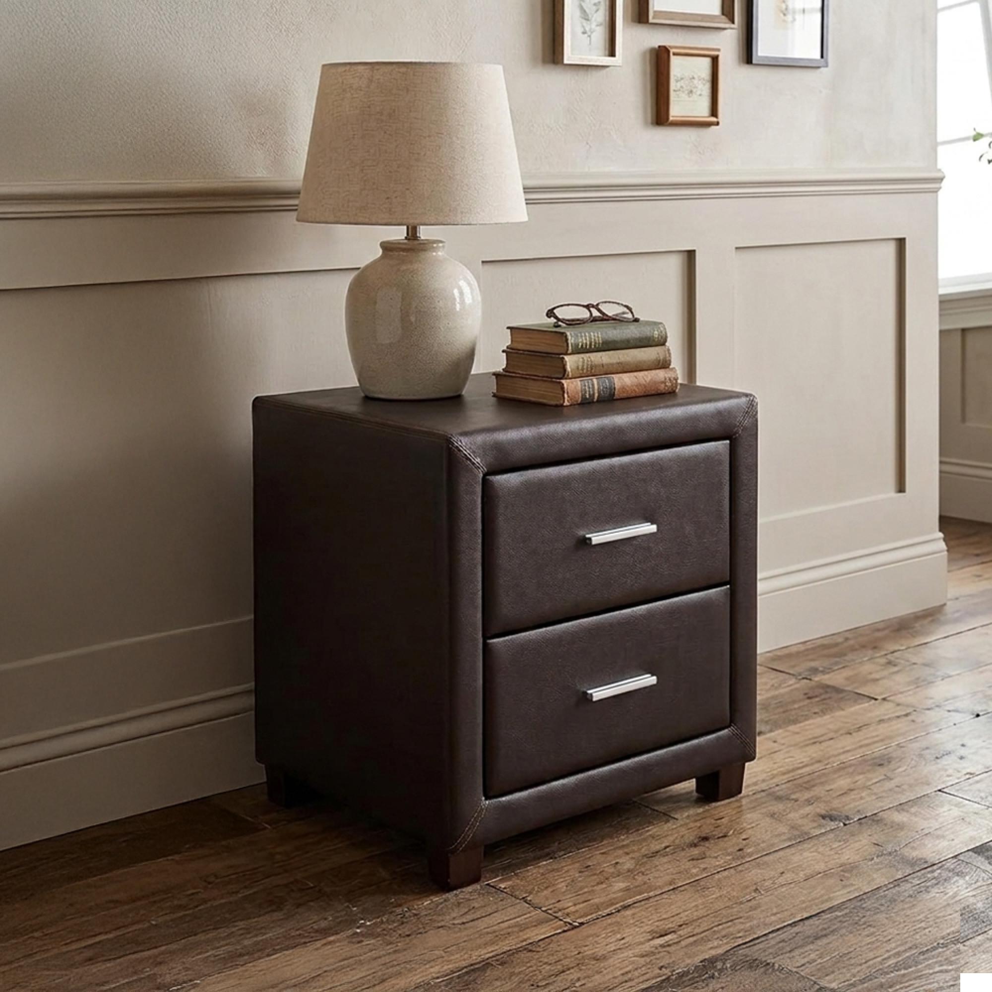 Dorset Bedside Cabinet - 2 Drawer - Brown Faux Leather