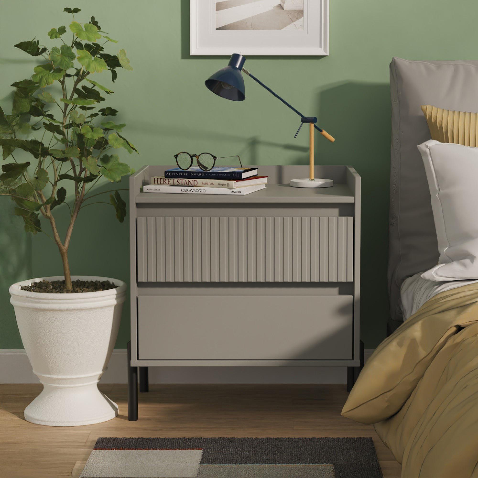 Osaka Bedside Cabinet - 2 Drawer - Midi - Dusk Grey Fluted