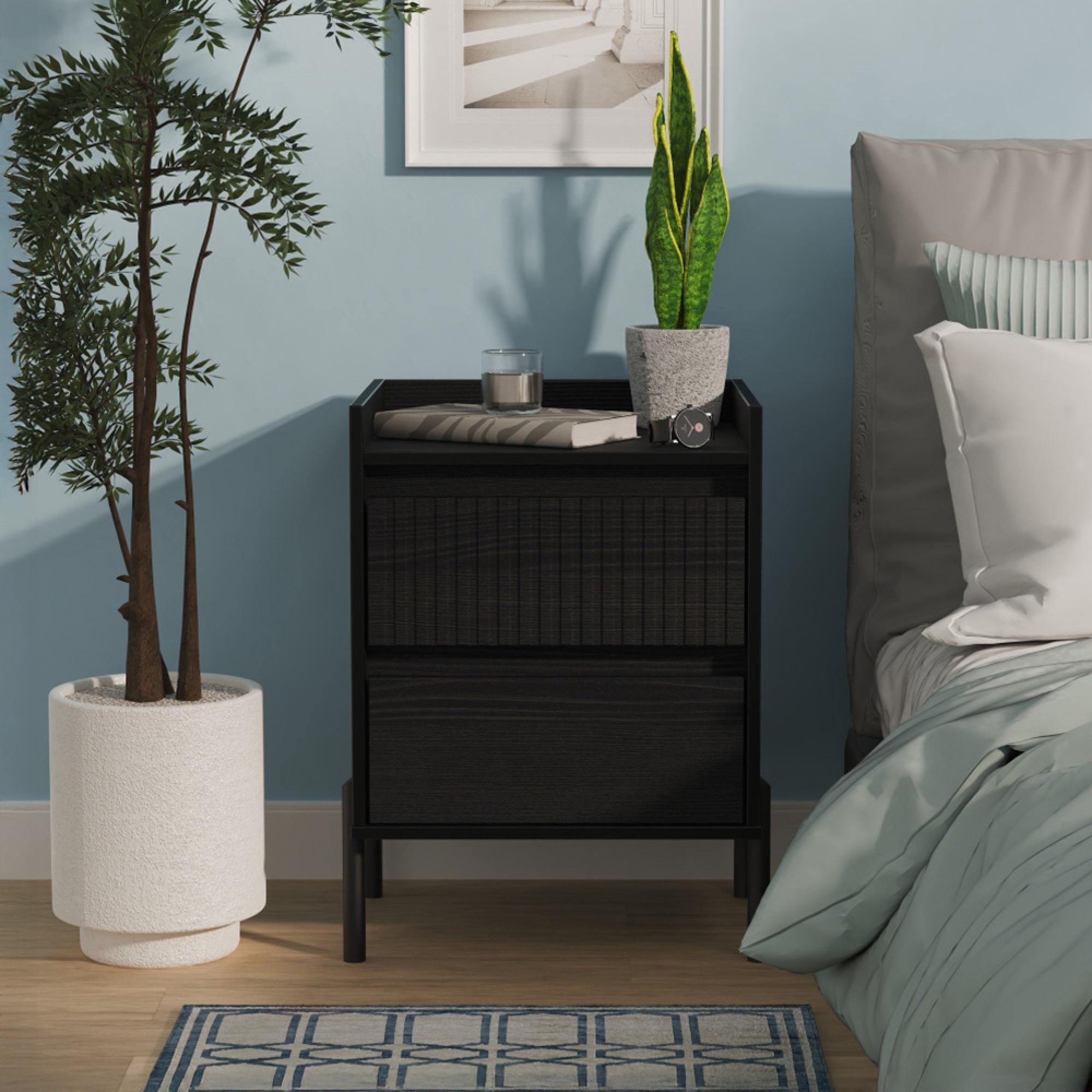 Osaka Bedside Cabinet - 2 Drawer - Black Ash Fluted