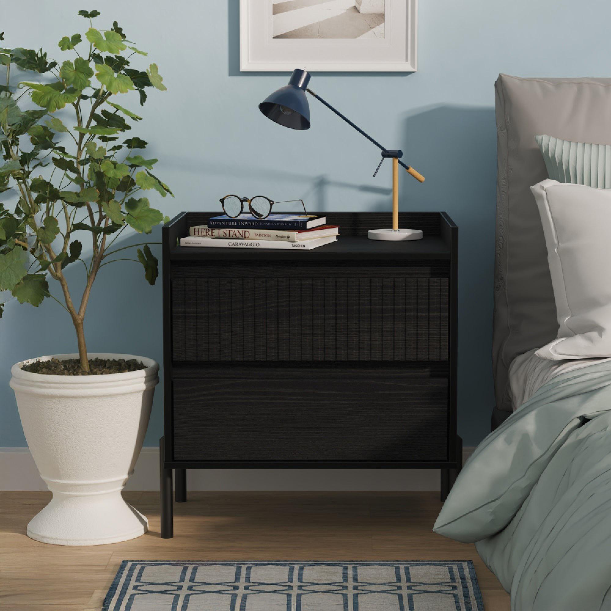 Osaka Bedside Cabinet - 2 Drawer - Midi - Black Ash Fluted