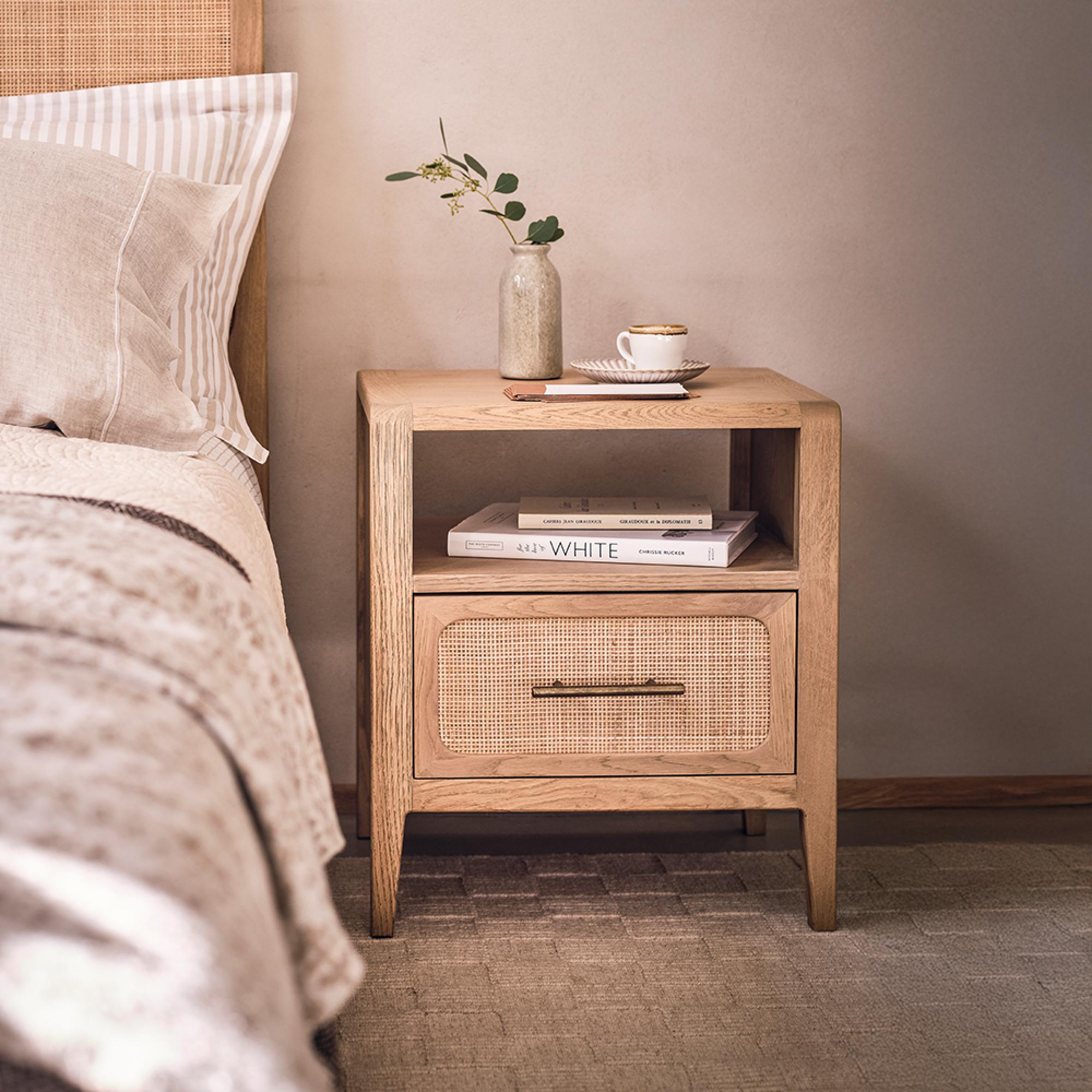 Casera Bedside Cabinet - 1 Drawer - Natural Rattan and American Oak