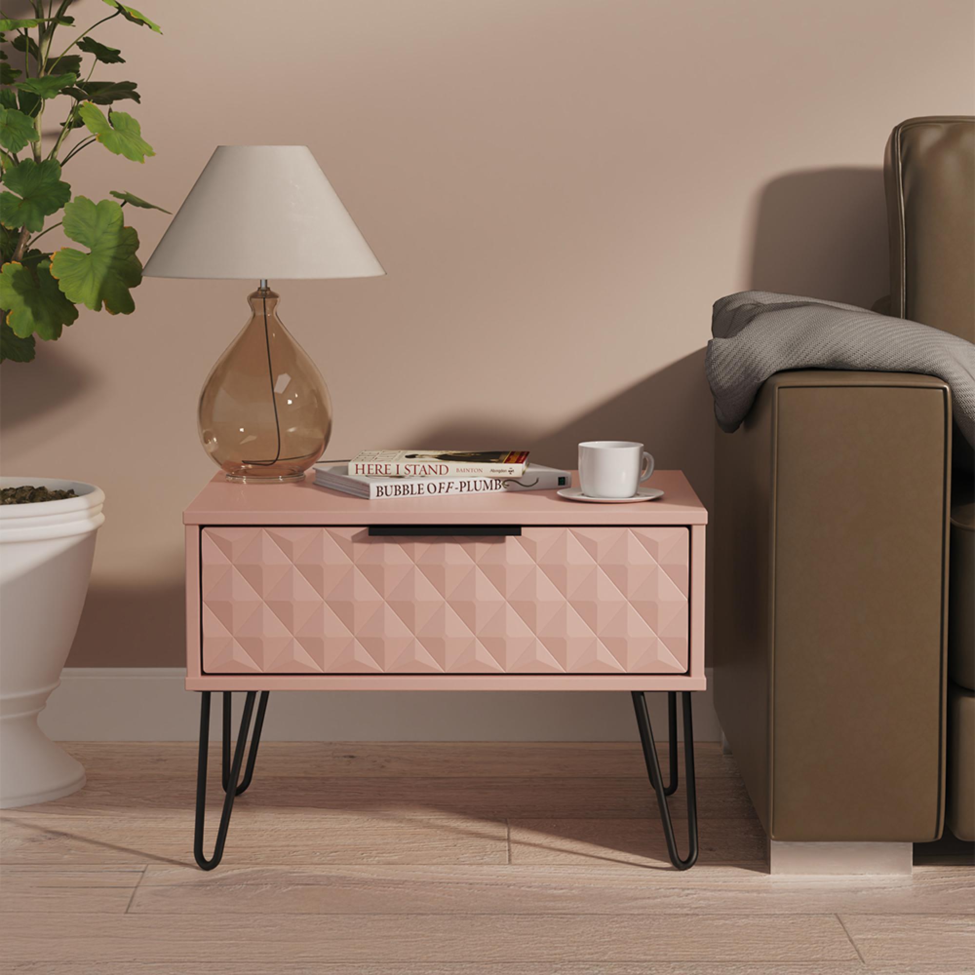 Harlequin Bedside Cabinet - 1 Drawer - Midi - with Hairpin Legs - Kobe Pink