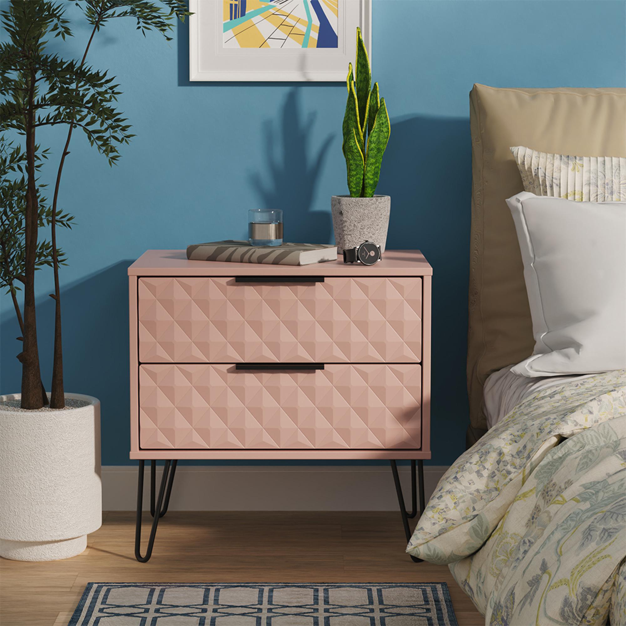 Harlequin Bedside Cabinet - 2 Drawer - Midi - with Hairpin Legs - Kobe Pink