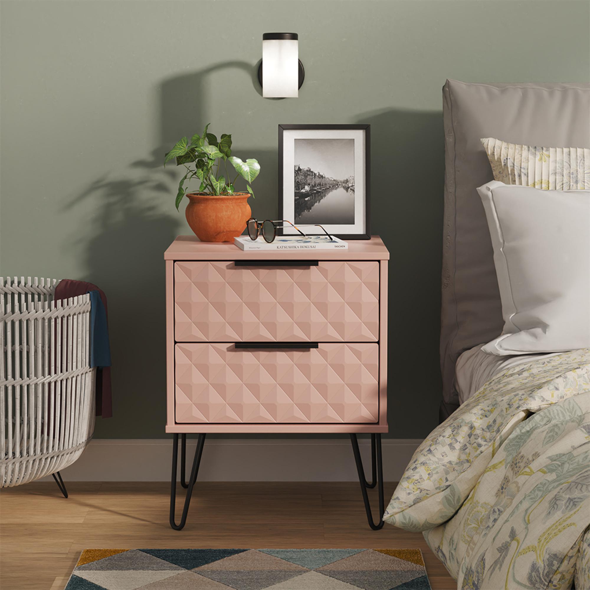Harlequin Bedside Cabinet - 2 Drawer - with Hairpin Legs - Kobe Pink