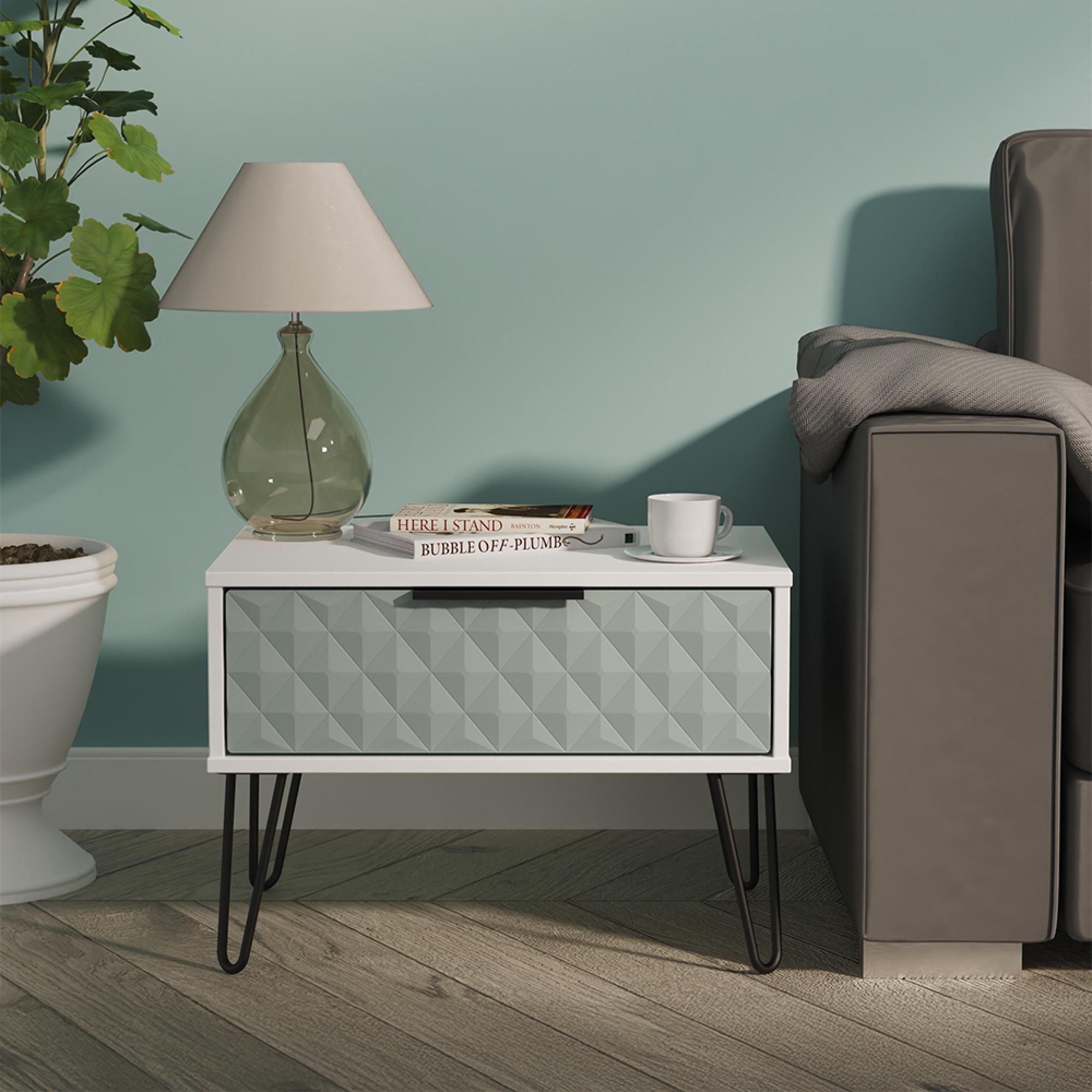 Harlequin Bedside Cabinet - 1 Drawer - Midi - with Hairpin Legs - Duck and White Matt