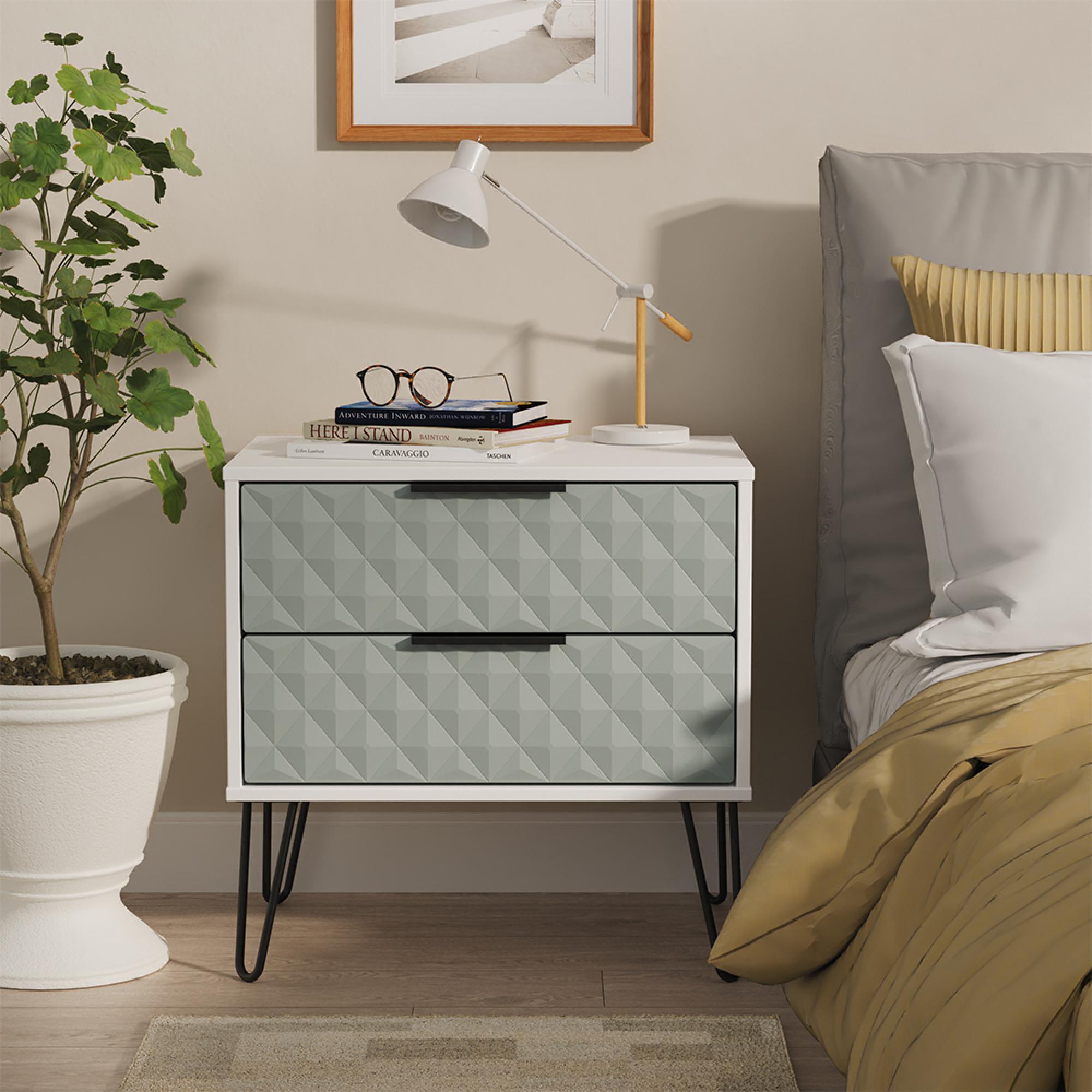 Harlequin Bedside Cabinet - 2 Drawer - Midi - with Hairpin Legs - Duck and White Matt
