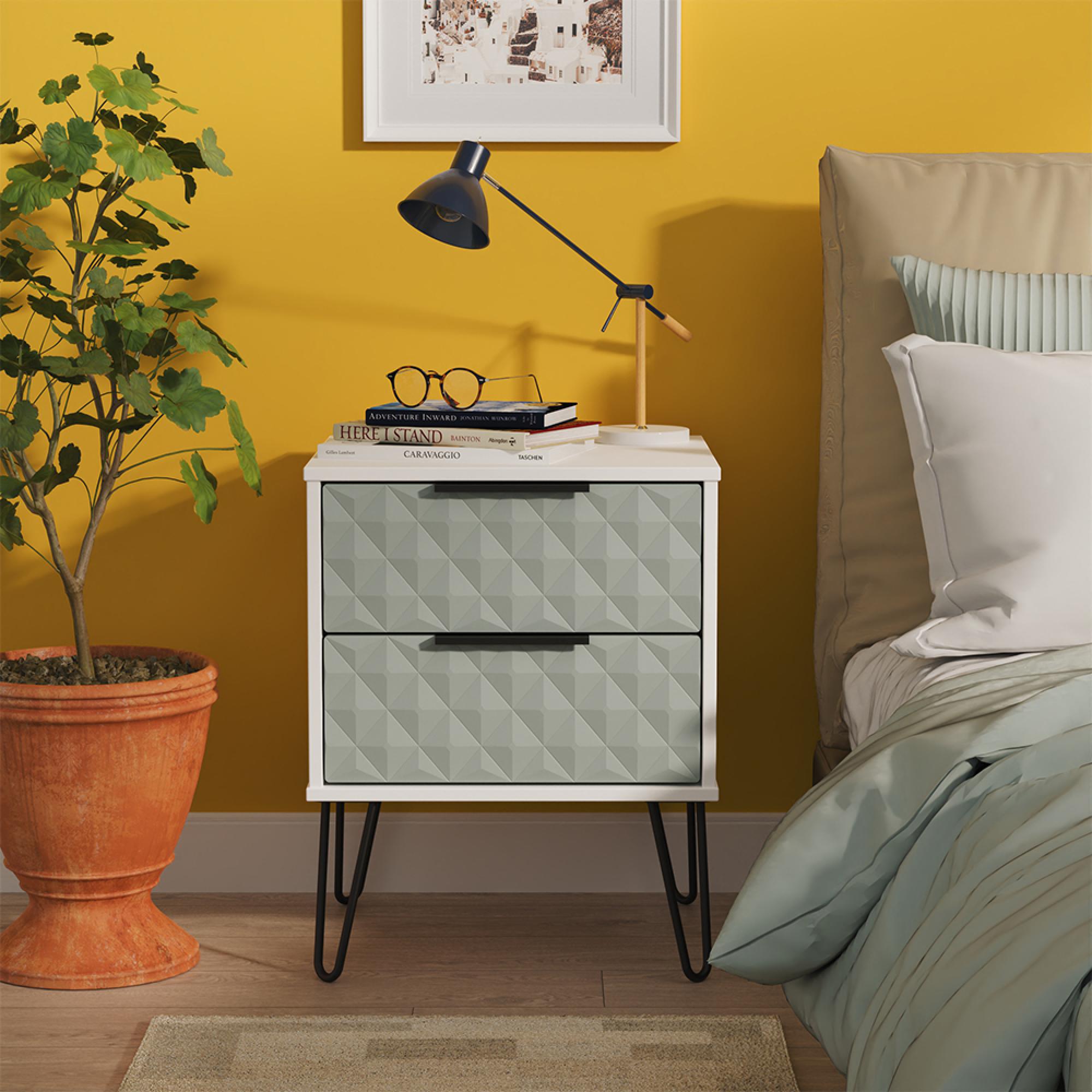Harlequin Bedside Cabinet - 2 Drawer - with Hairpin Legs - Duck and White Matt
