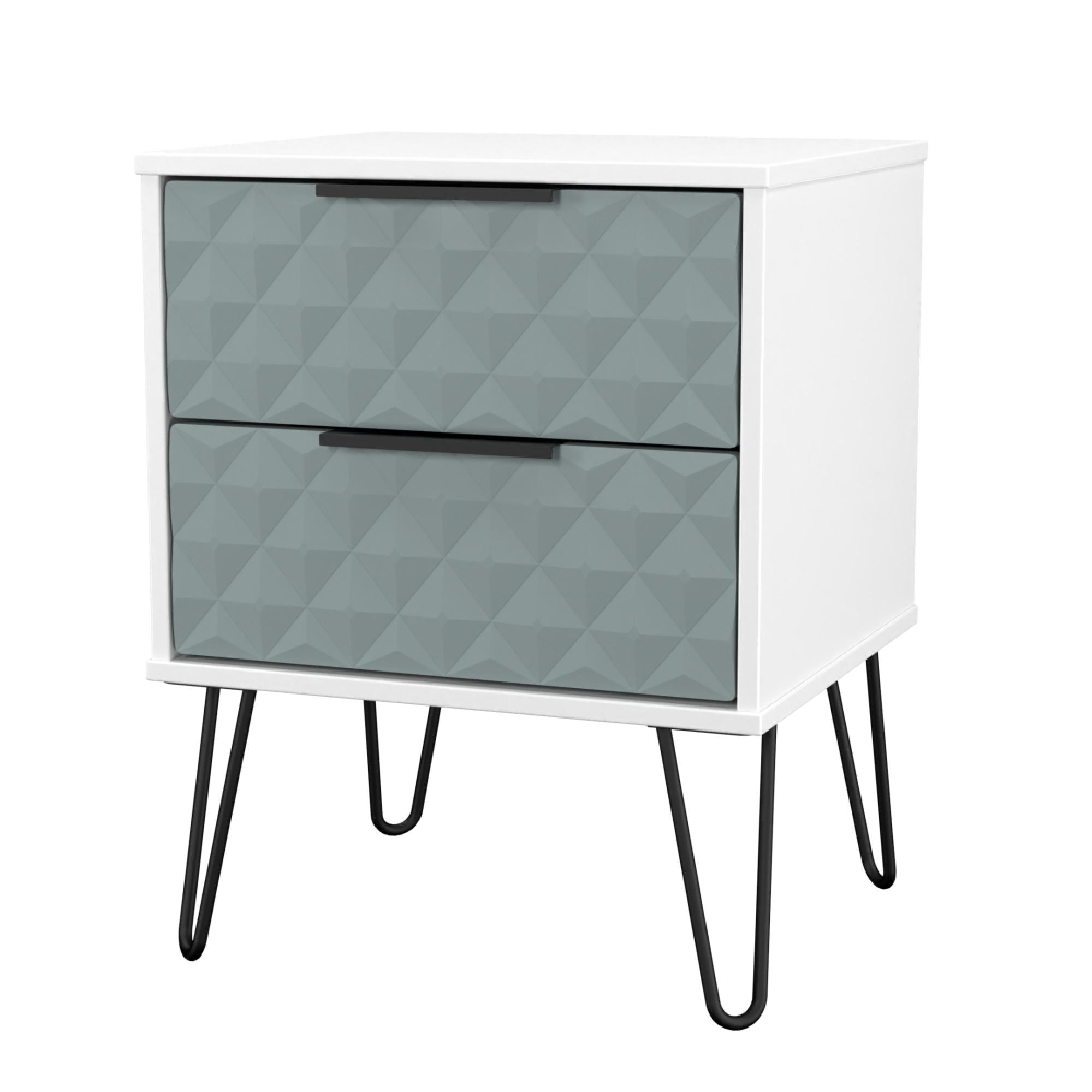 Harlequin Bedside Cabinet - 2 Drawer - with Hairpin Legs - Duck and White Matt