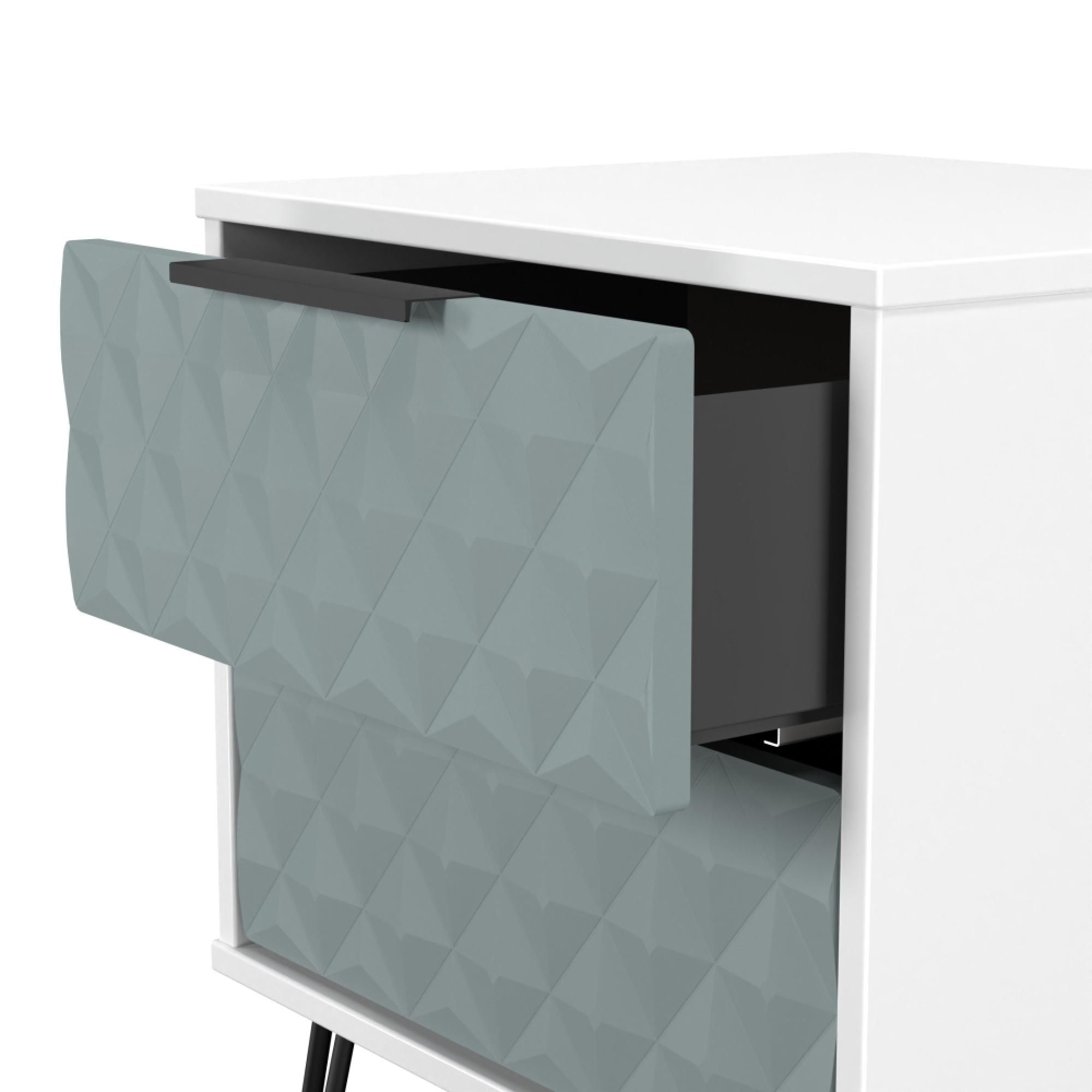 Harlequin Bedside Cabinet - 2 Drawer - with Hairpin Legs - Duck and White Matt