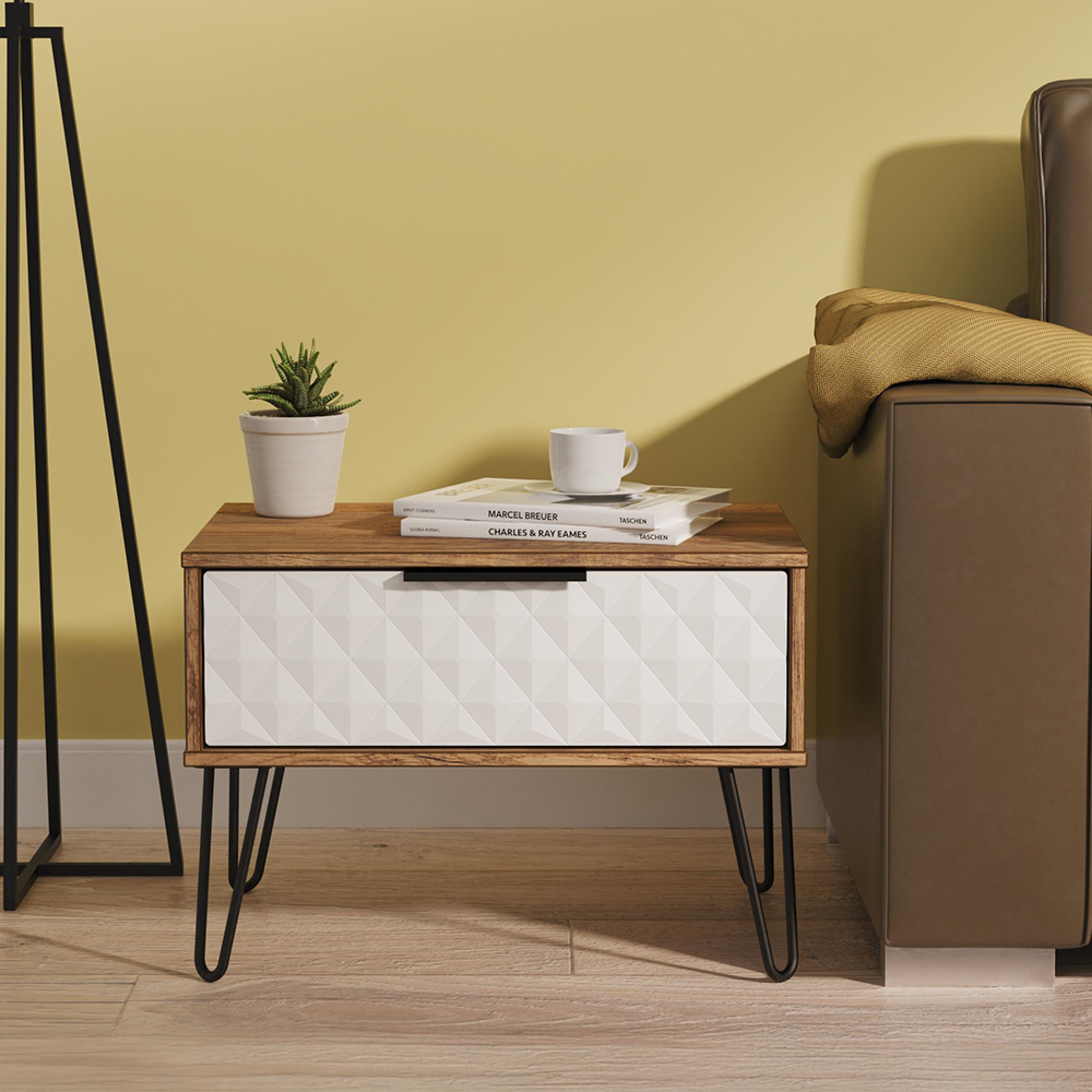 Harlequin Bedside Cabinet - 1 Drawer - Midi - with Hairpin Legs - White Matt and Vintage Oak