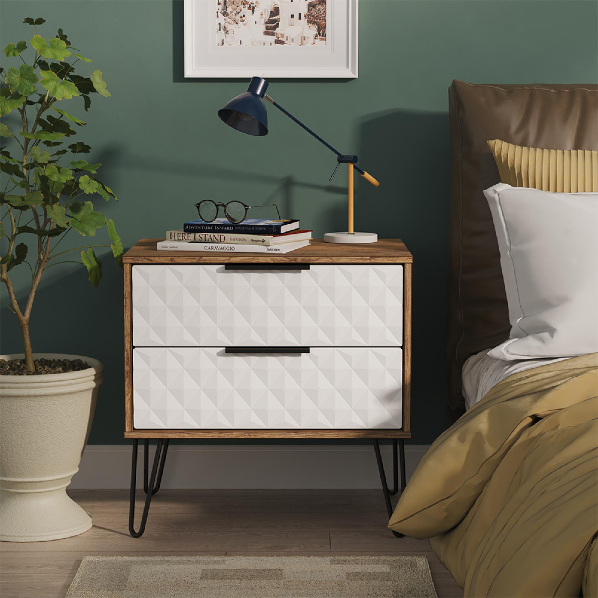 Harlequin Bedside Cabinet - 2 Drawer - Midi - with Hairpin Legs - White Matt and Vintage Oak